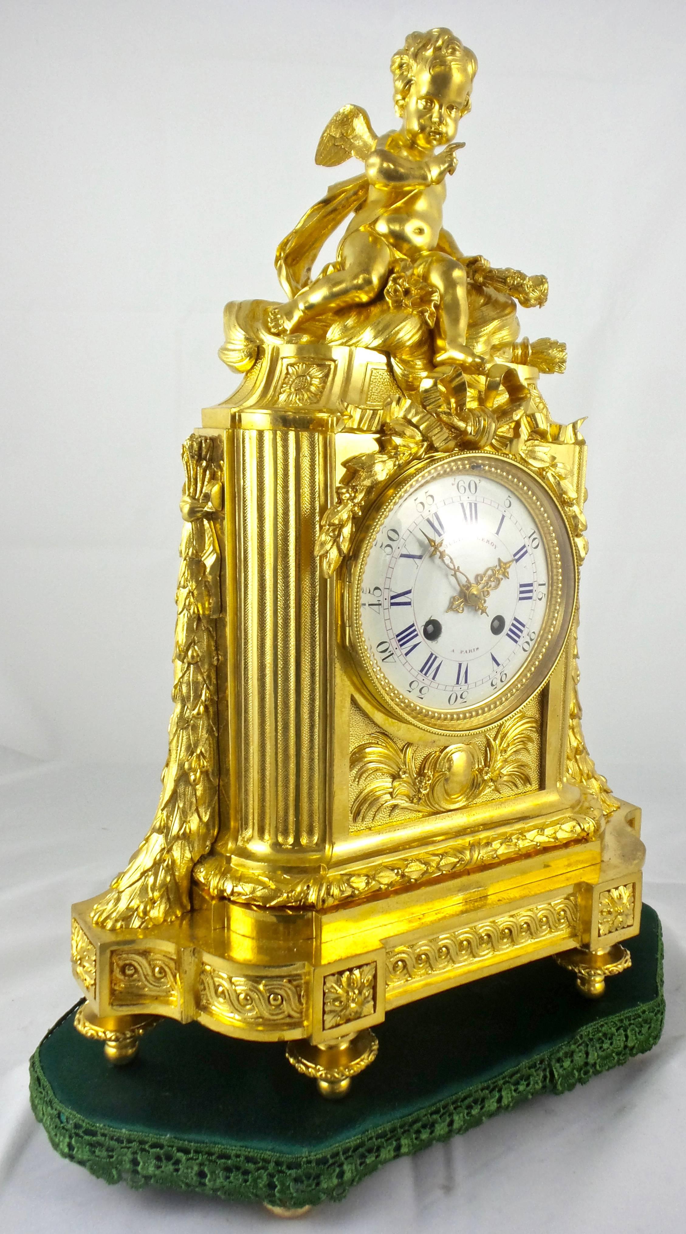 Louis XVI Early 1800s French Empire Gilt Ormolu Bronze Mantel Clock & Base Julien Leroy For Sale