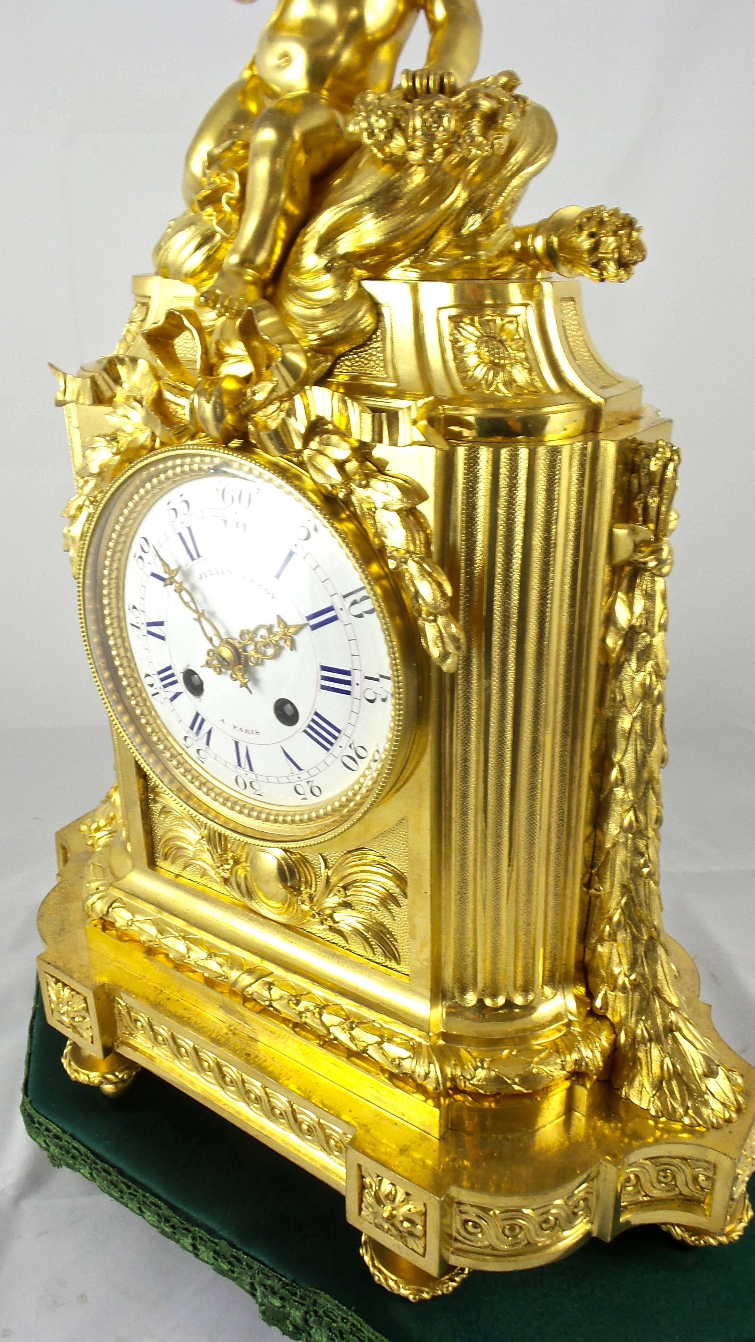 Early 1800s French Empire Gilt Ormolu Bronze Mantel Clock & Base Julien Leroy In Excellent Condition For Sale In Aberdare, GB