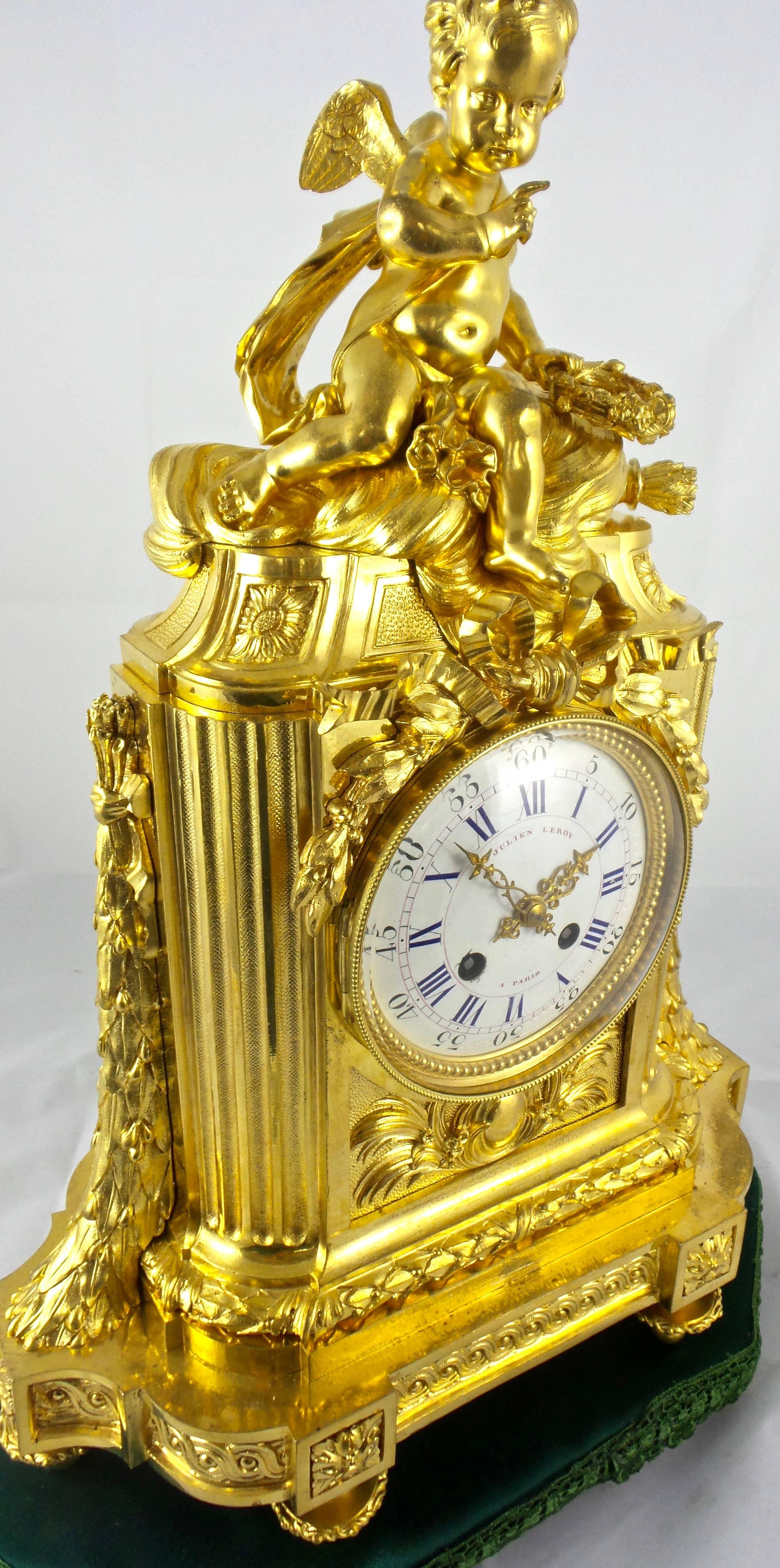 Early 19th Century Early 1800s French Empire Gilt Ormolu Bronze Mantel Clock & Base Julien Leroy For Sale