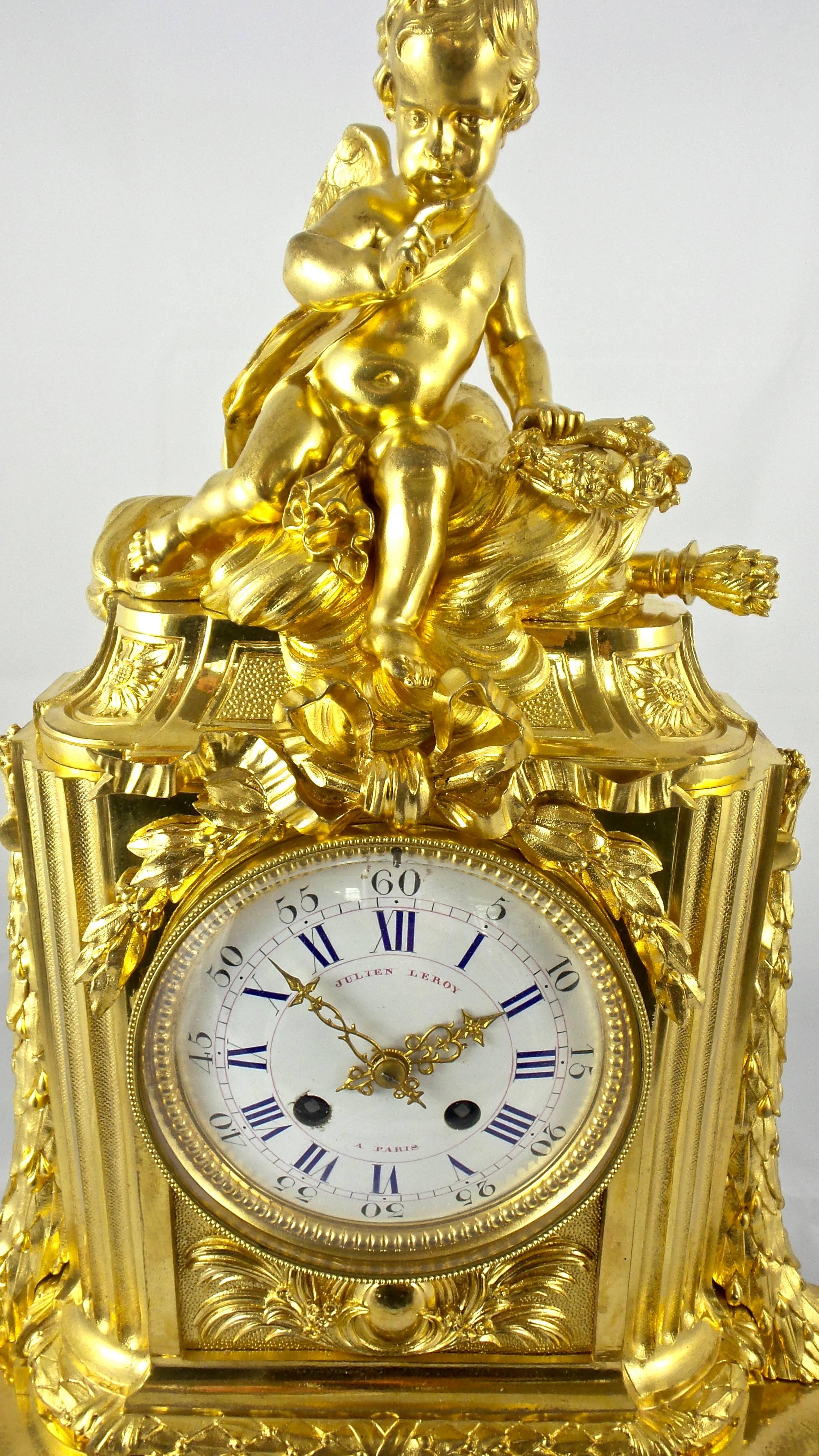 Early 1800s French Empire Gilt Ormolu Bronze Mantel Clock & Base Julien Leroy For Sale 1