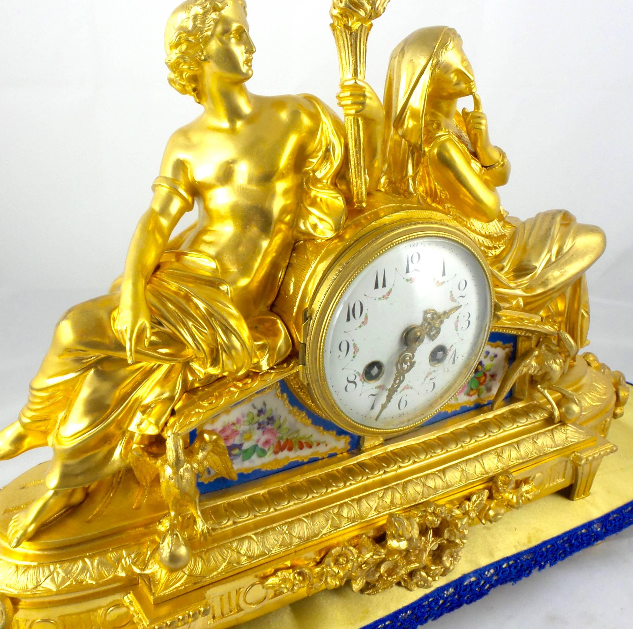 Louis XVI 19th Century French Mantel Clock Gilt Ormolu Bronze and Blue Sevres Porcelain