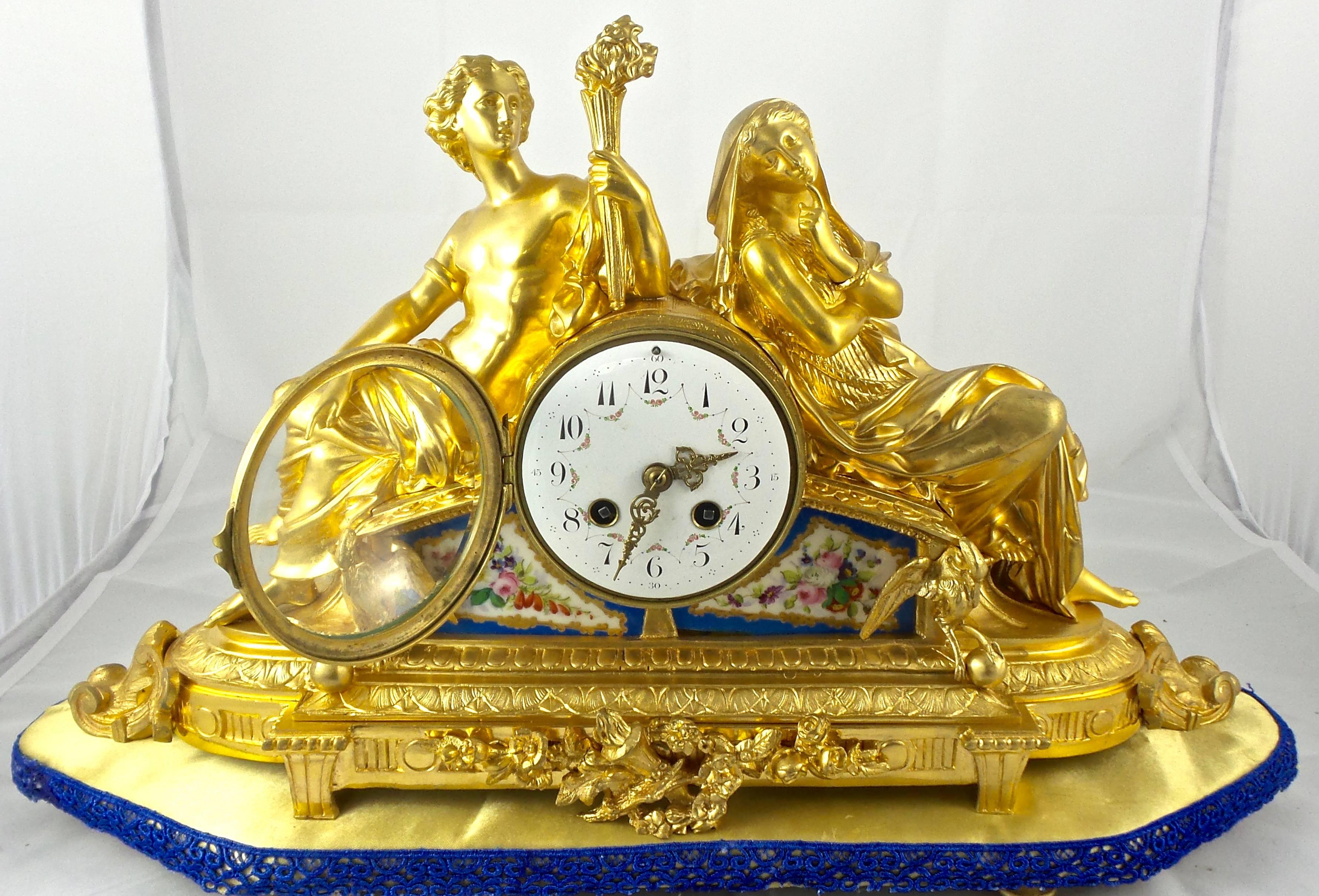 19th Century French Mantel Clock Gilt Ormolu Bronze and Blue Sevres Porcelain In Excellent Condition In Aberdare, GB