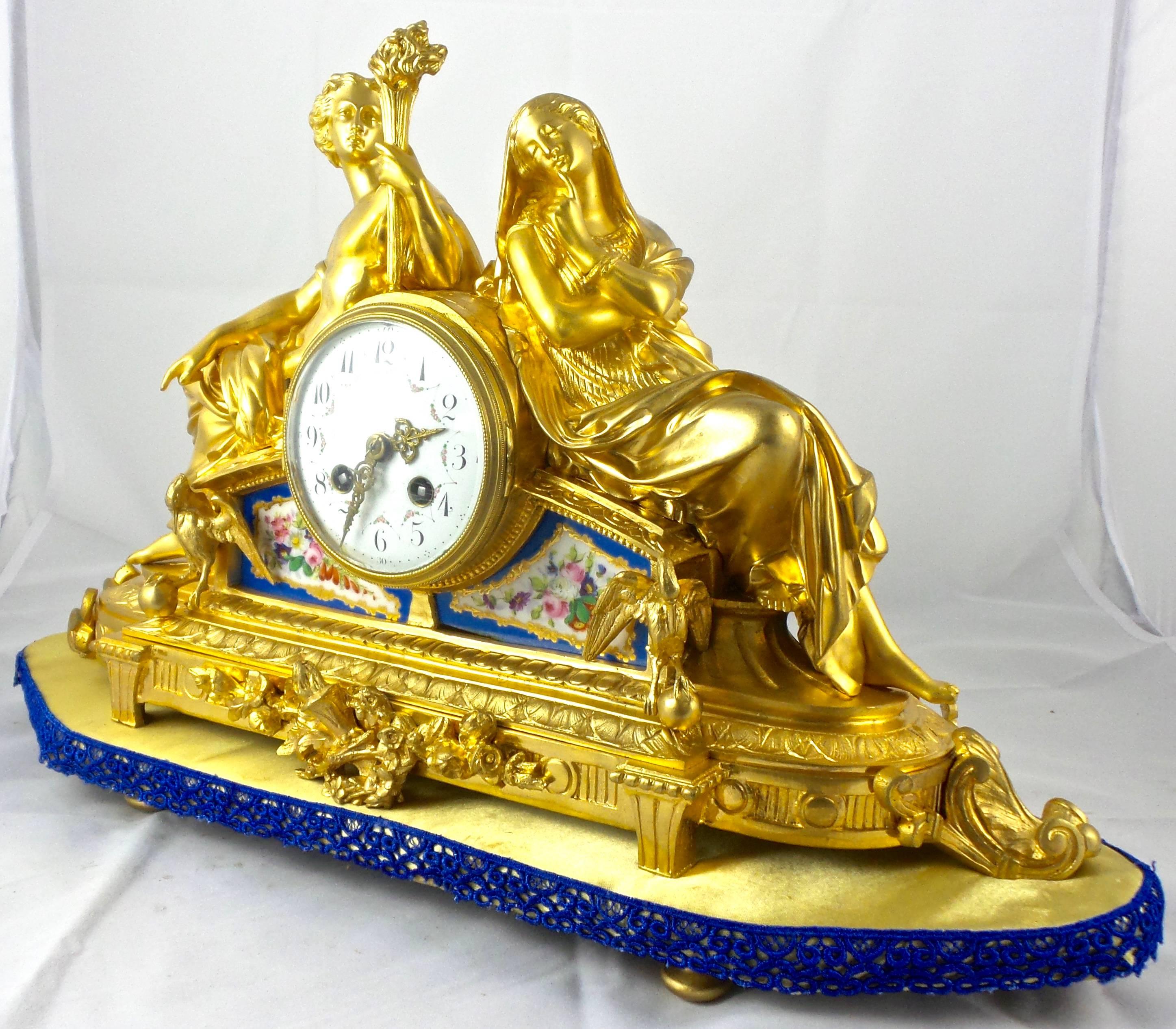 Mid-19th Century 19th Century French Mantel Clock Gilt Ormolu Bronze and Blue Sevres Porcelain