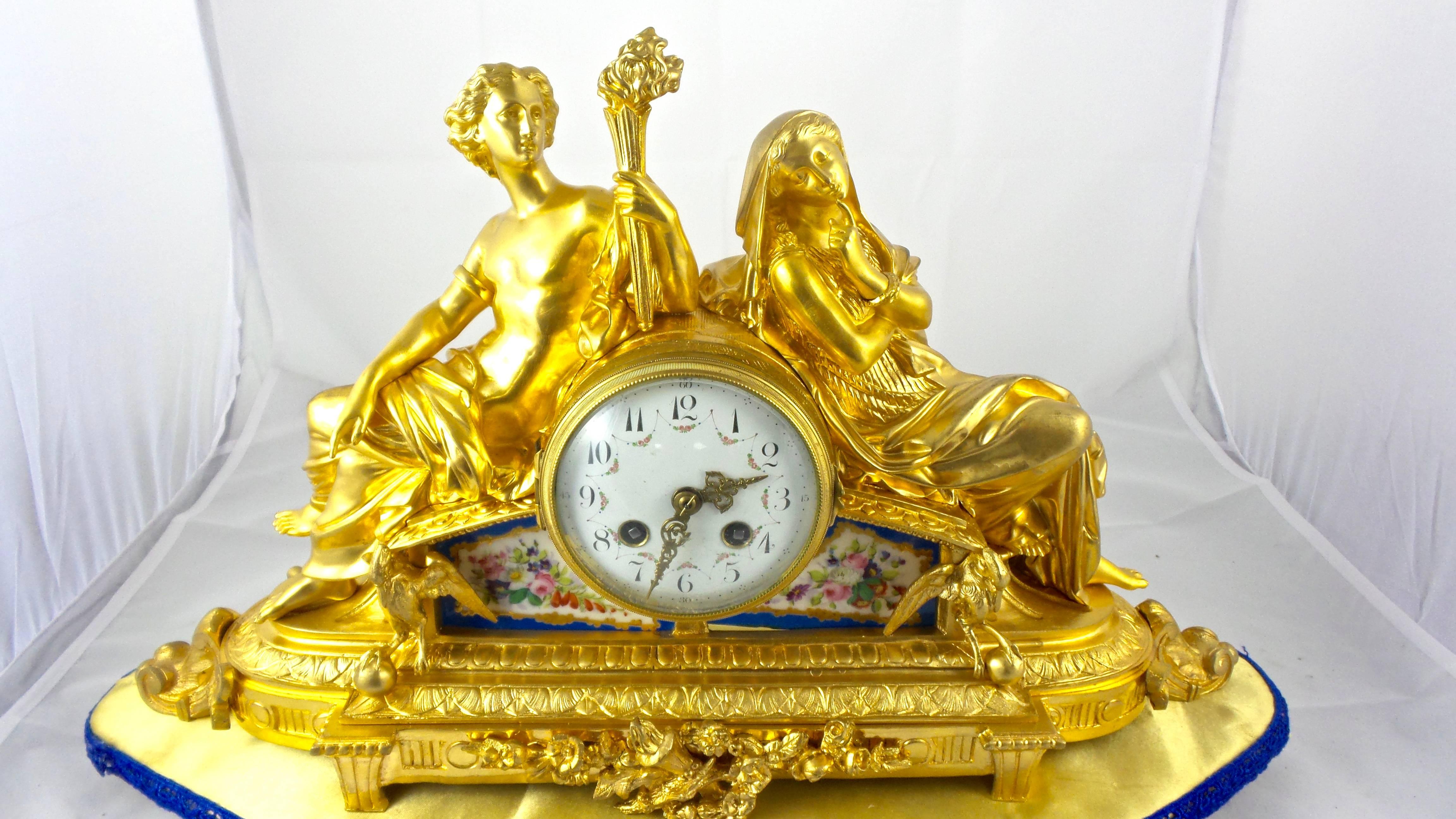 19th Century French Mantel Clock Gilt Ormolu Bronze and Blue Sevres Porcelain 1