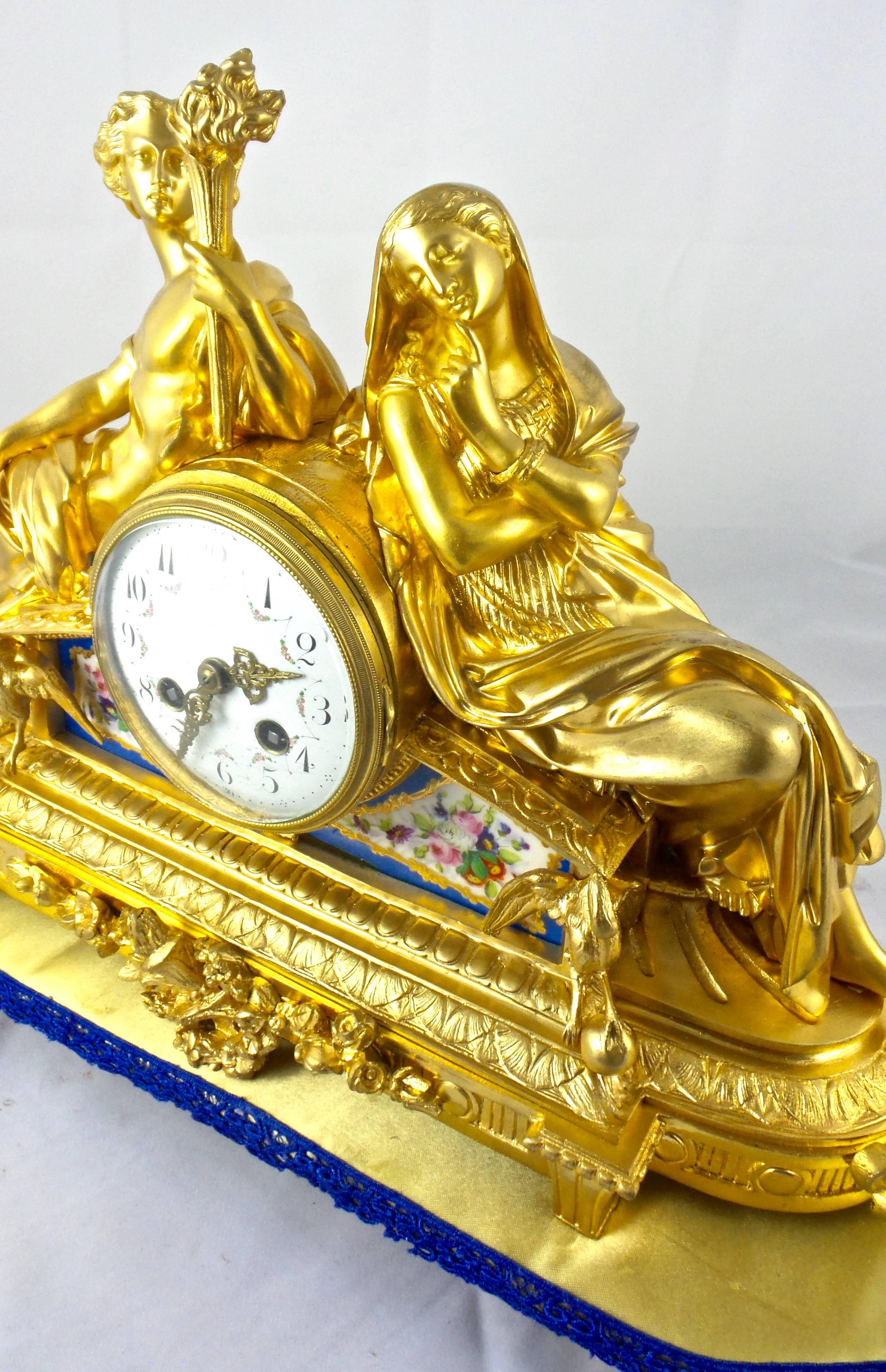 19th Century French Mantel Clock Gilt Ormolu Bronze and Blue Sevres Porcelain 2