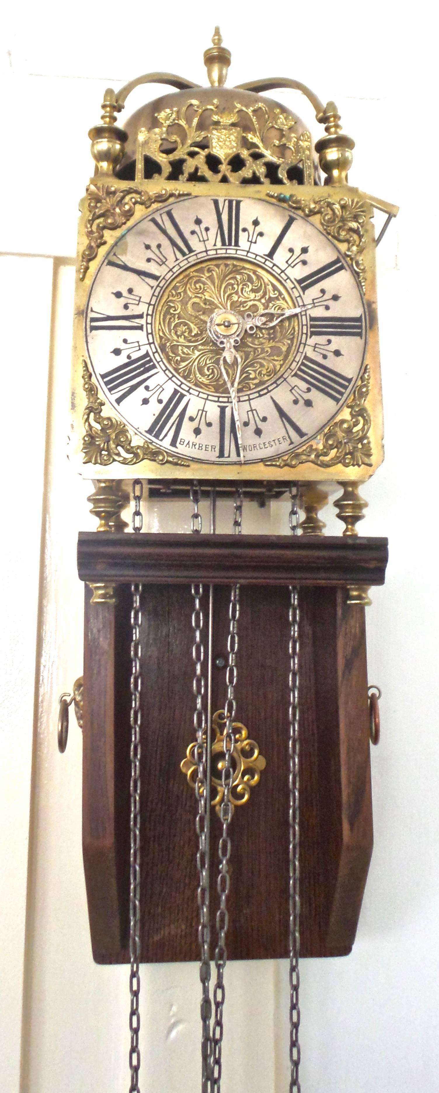 George III 1801 English Brass Lantern Striking Wall Clock & Oak Bracket-Barber of Worcester For Sale