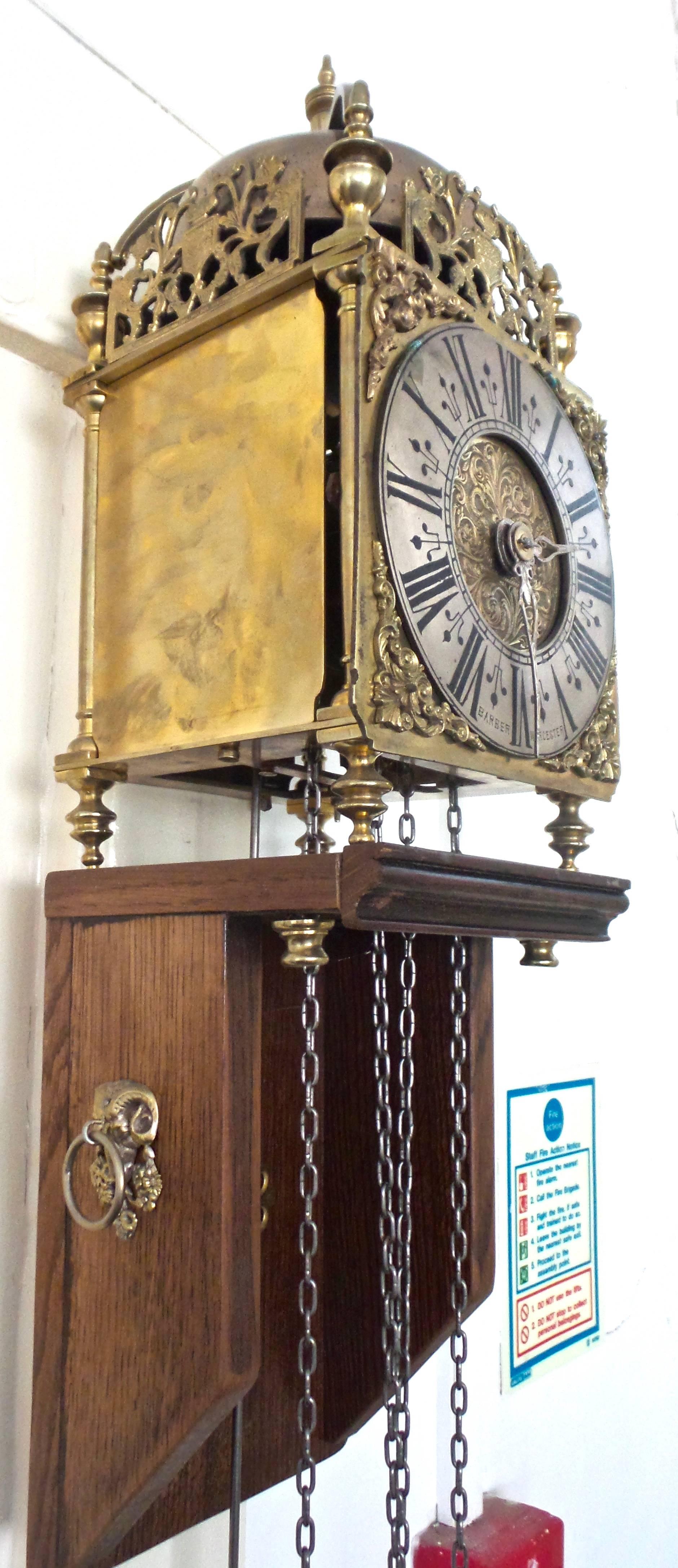 Great Britain (UK) 1801 English Brass Lantern Striking Wall Clock & Oak Bracket-Barber of Worcester For Sale