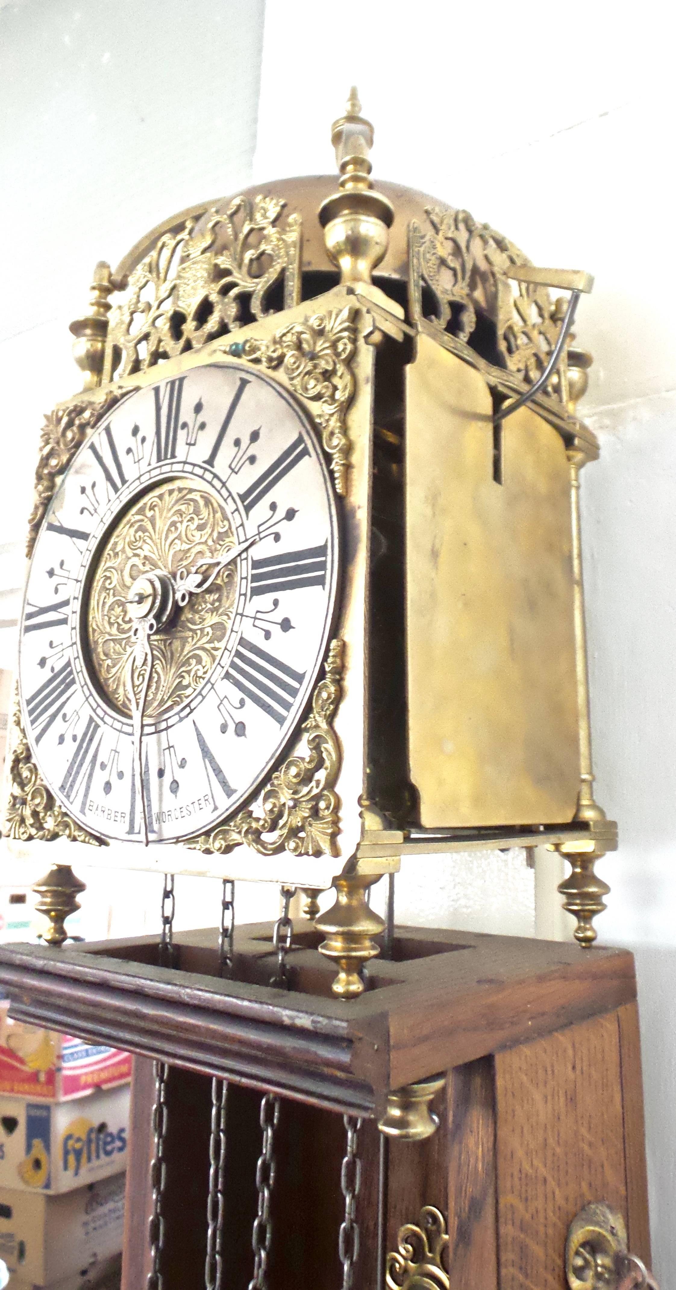 Engraved 1801 English Brass Lantern Striking Wall Clock & Oak Bracket-Barber of Worcester For Sale