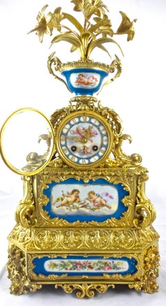 Important 19th Century French Table Clock Gilt Ormolu Bronze & Sevres Porcelain