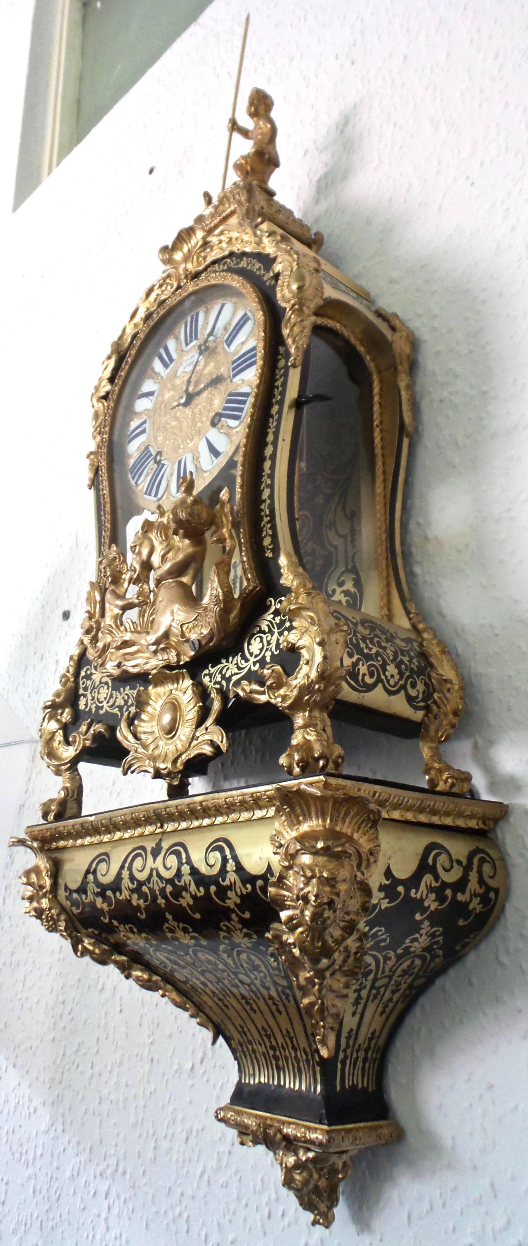 Important 1800s French Huge Boulle Bracket Clock and Bracket, Provenance 3