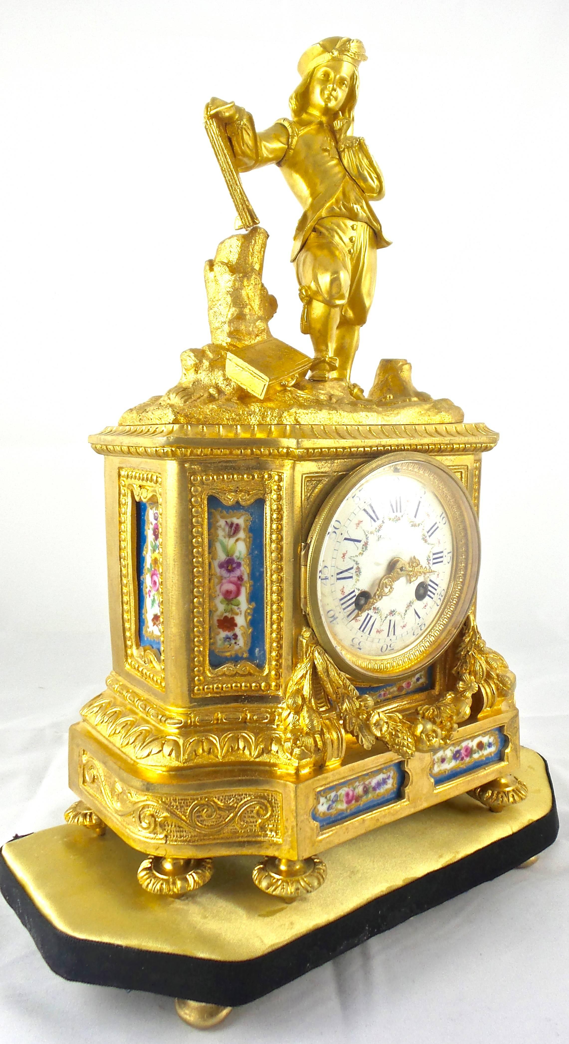 Louis XVI 19th Century French Mantel Clock Gilt Ormolu Bronze and Blue Sevres Porcelain For Sale