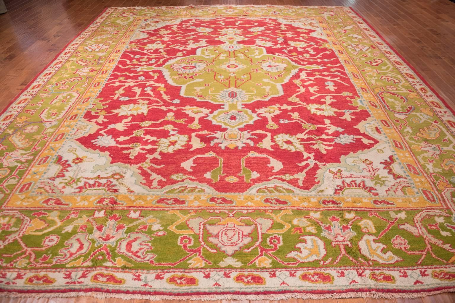Bohemian Antique Oushak Rug 19th Century Red and Green Squarish For Sale