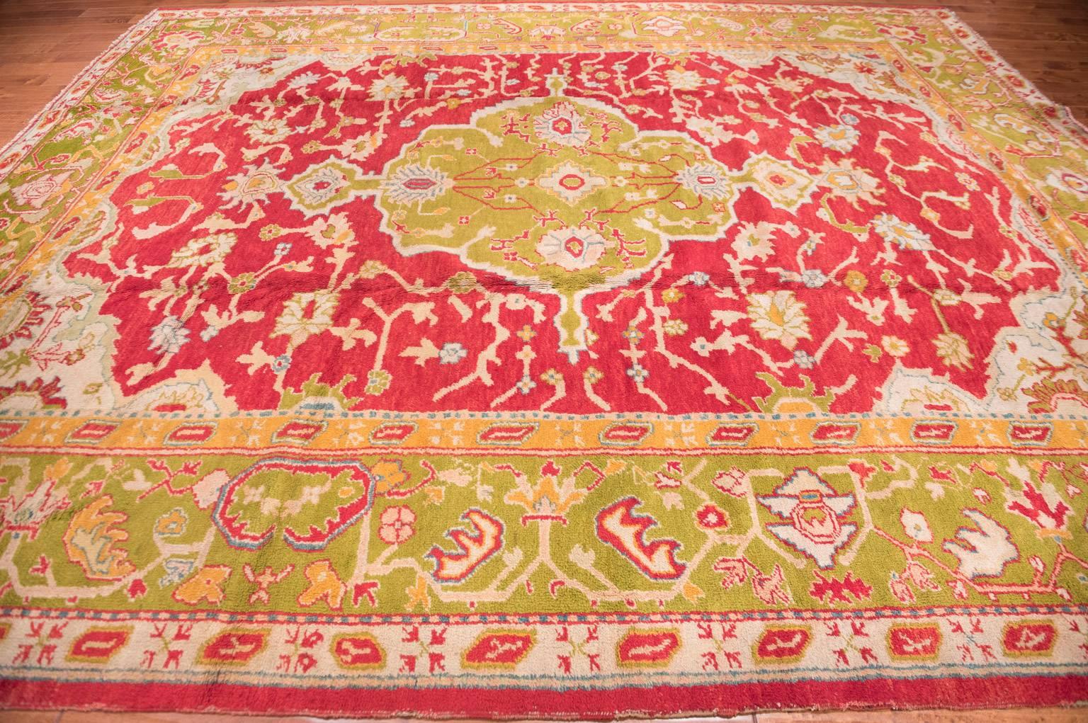 Turkish Antique Oushak Rug 19th Century Red and Green Squarish For Sale