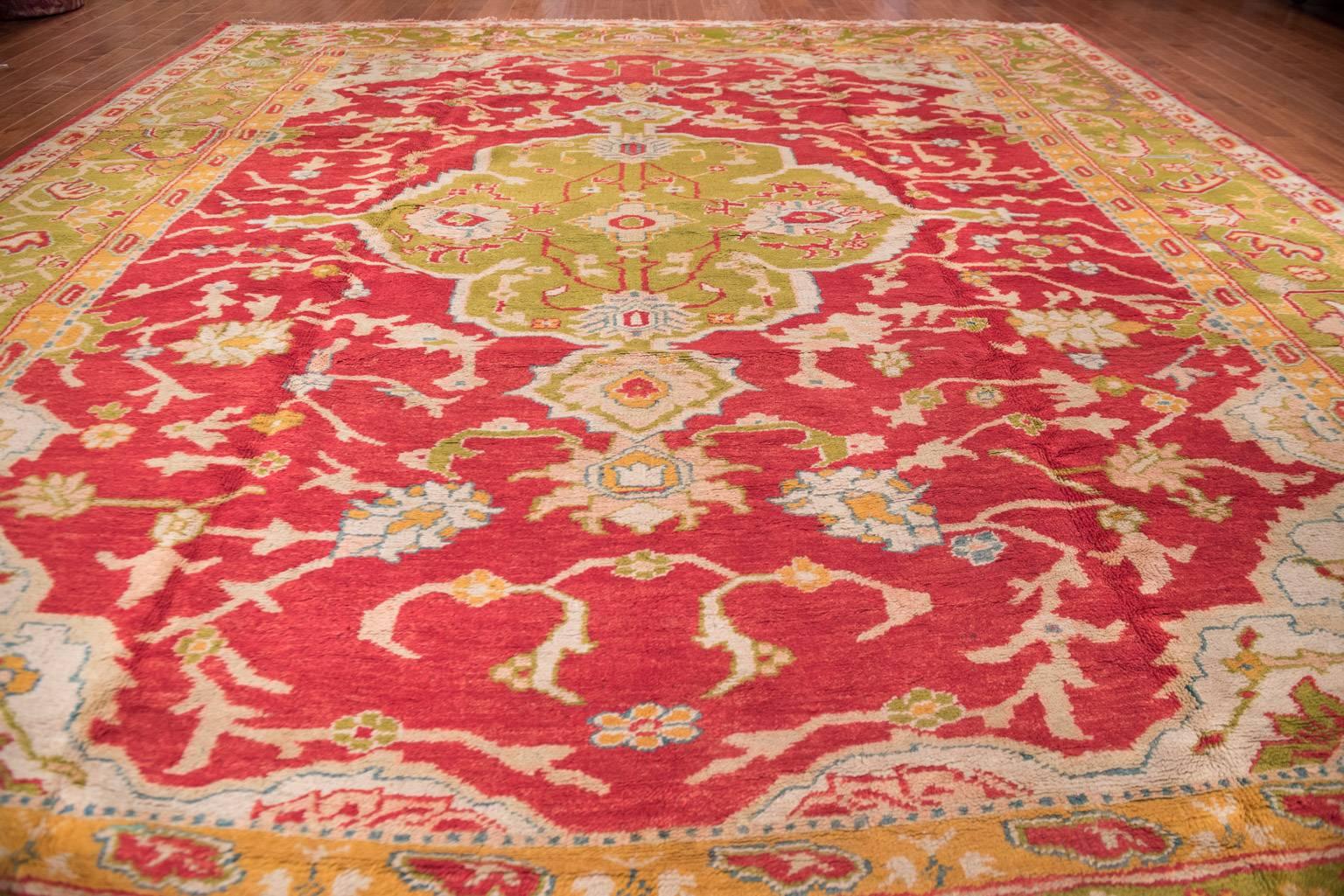 Hand-Knotted Antique Oushak Rug 19th Century Red and Green Squarish For Sale