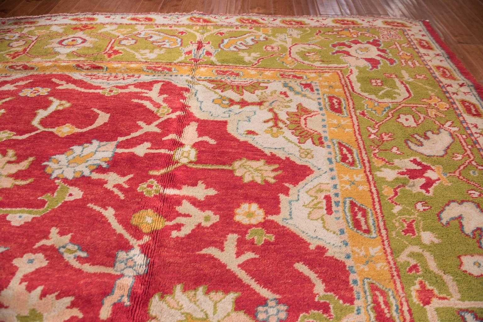 Antique Oushak Rug 19th Century Red and Green Squarish In Excellent Condition For Sale In Dallas, TX