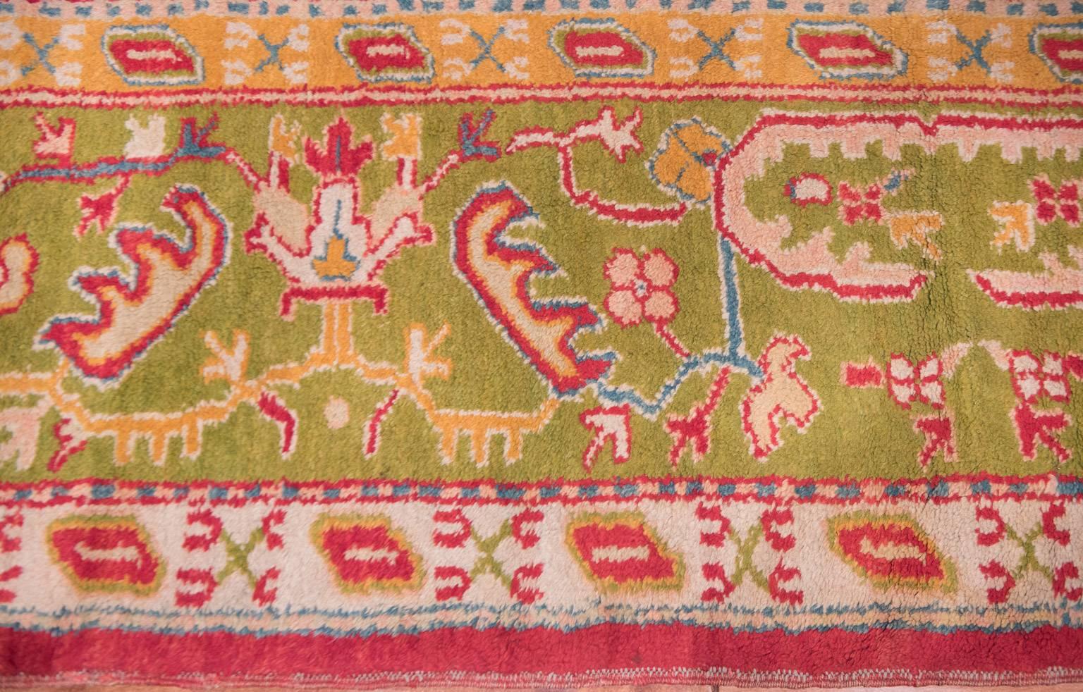 Wool Antique Oushak Rug 19th Century Red and Green Squarish For Sale