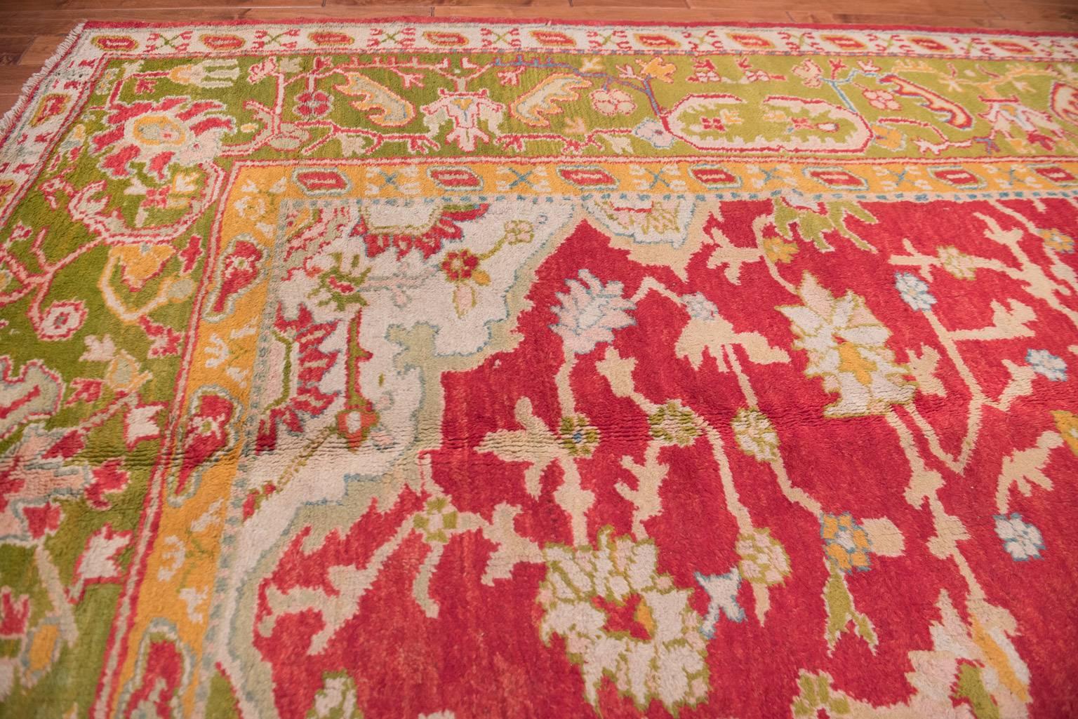 Antique Oushak Rug 19th Century Red and Green Squarish For Sale 1