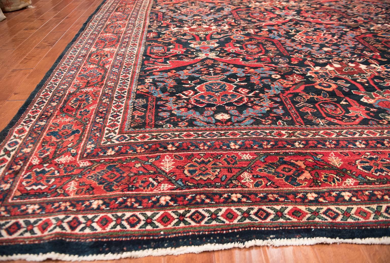 Antique Mostafi Designed Navy Mahal Carpet  In Good Condition For Sale In Dallas, TX