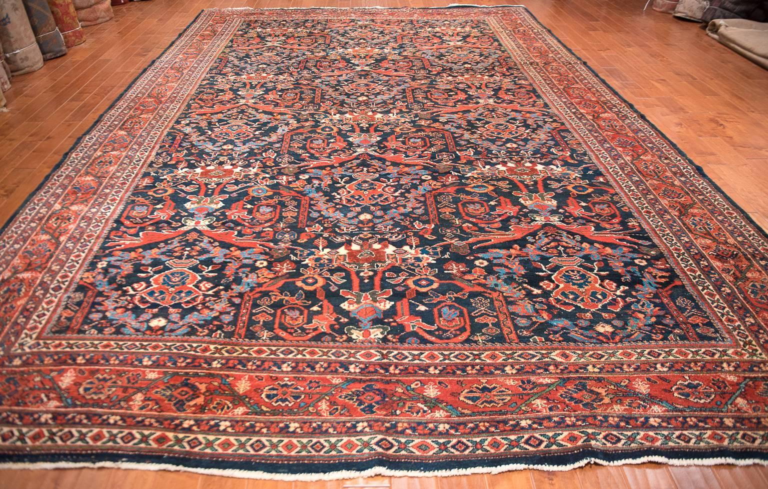Sultanabad Antique Mostafi Designed Navy Mahal Carpet  For Sale