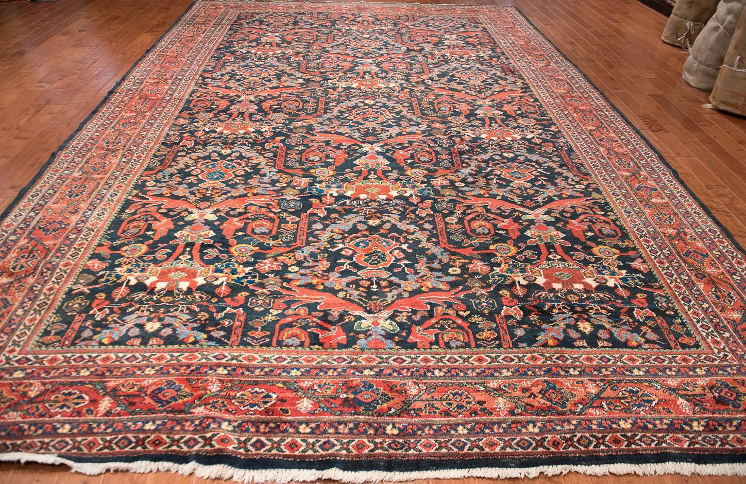 Persian Antique Mostafi Designed Navy Mahal Carpet  For Sale