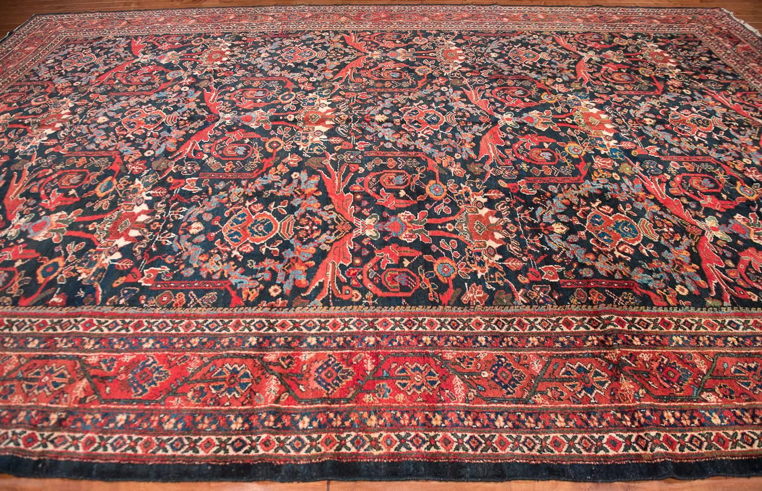 Hand-Woven Antique Mostafi Designed Navy Mahal Carpet  For Sale