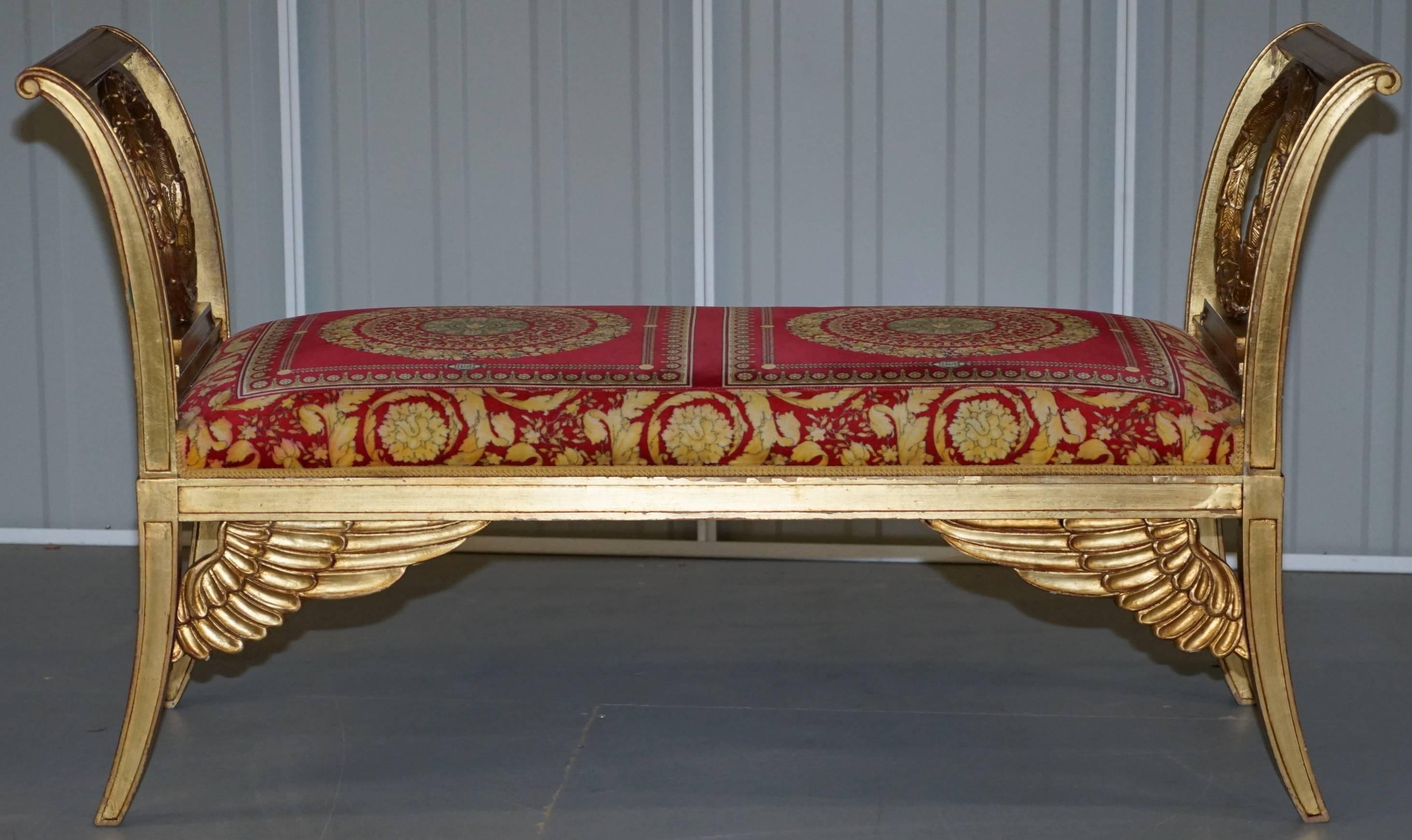 We are delighted to offer this stunning and exceptionally rare Versace real gold leaf painted French Louis window seat bench

This piece is simply put bespoke made to order, in excellent condition and absolutely stunning from every angle

The
