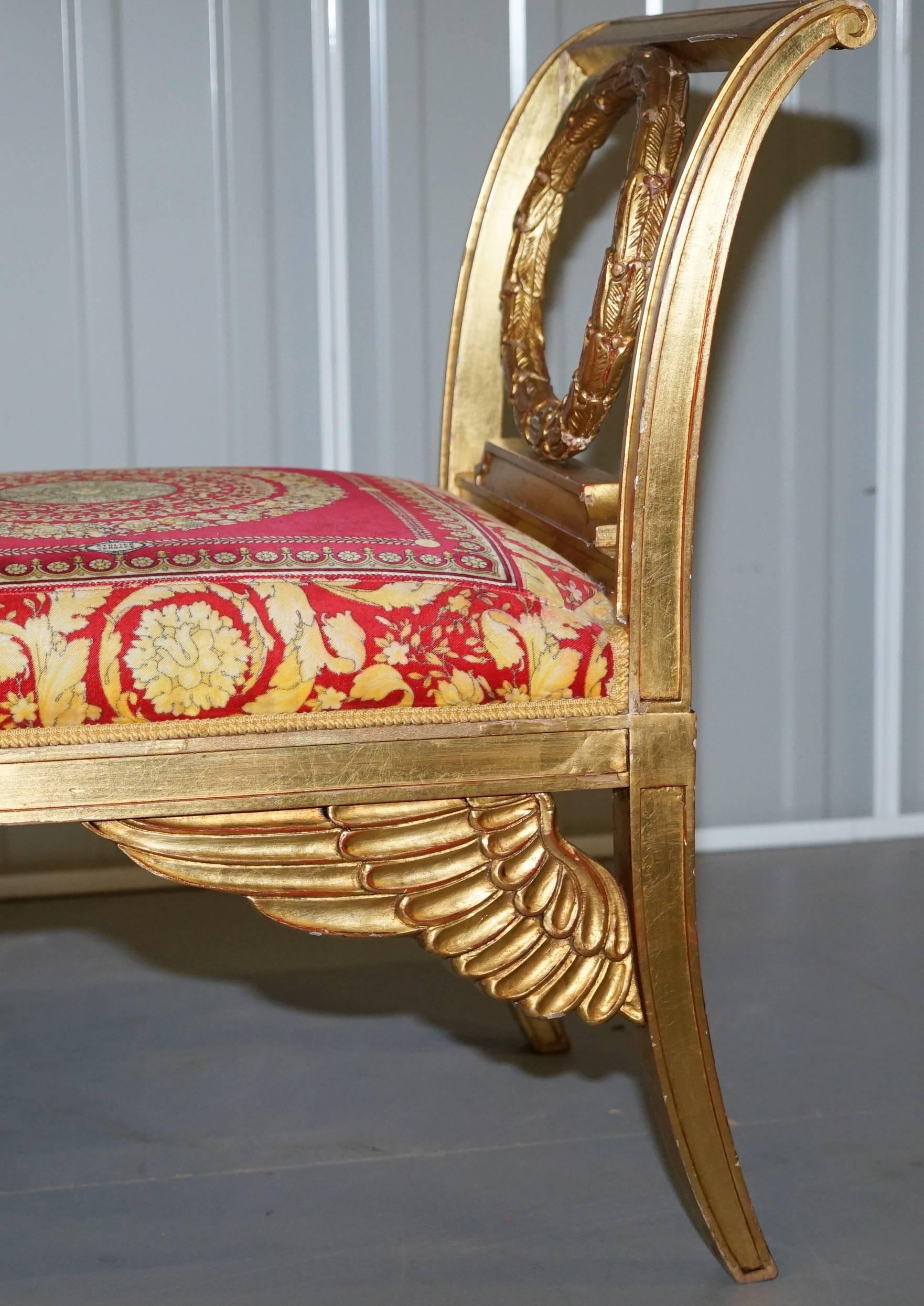 French Provincial Versace Gold Leaf Painted French Window Seat Original Upholstery