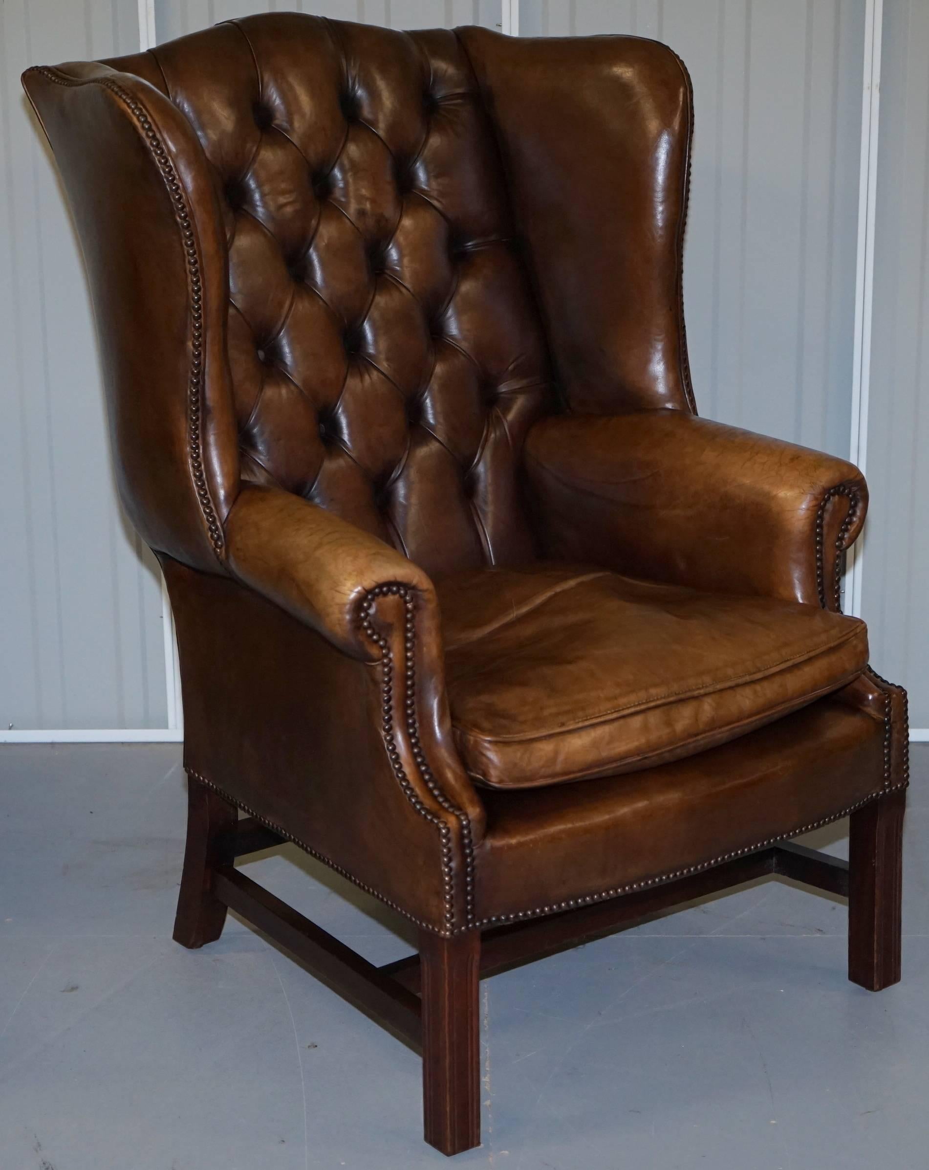 We are delighted to offer for sale this stunning pair of hand dyed aged vintage brown leather Chesterfield Georgian style wingback armchairs

If you know good quality work then you will recognize that these are pure class and quality pieces that