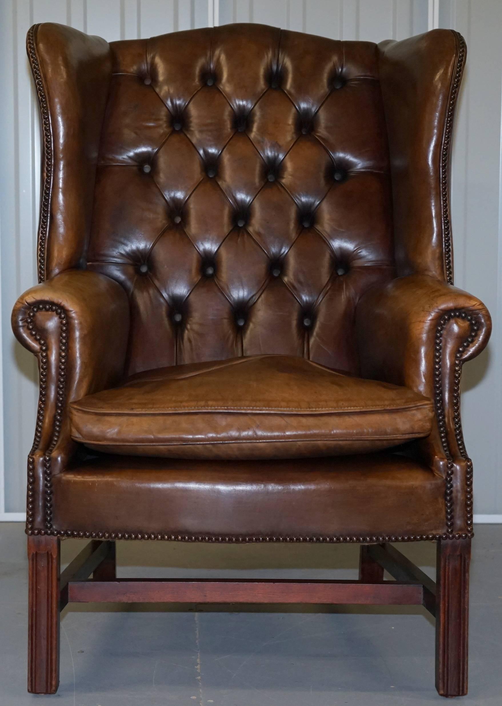 Chippendale Pair of Hand Dyed Vintage Brown Leather Chesterfield Wingback Club Armchairs