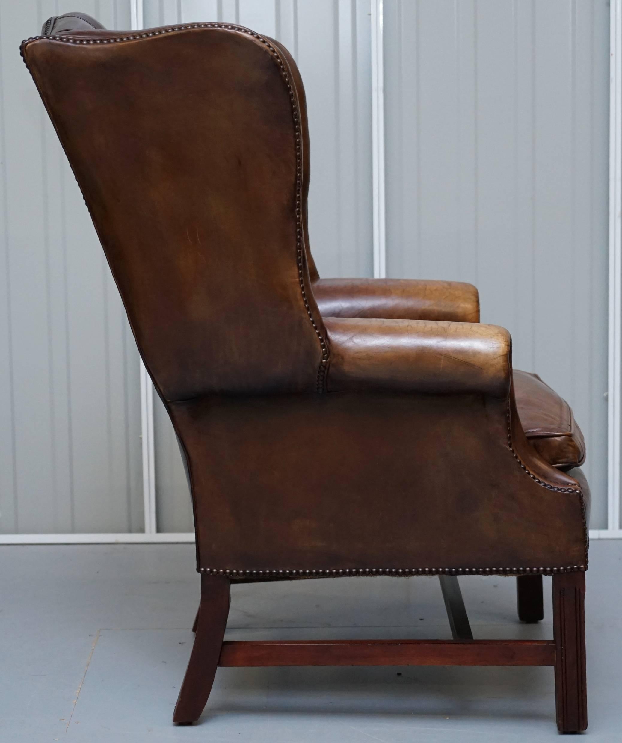 Pair of Hand Dyed Vintage Brown Leather Chesterfield Wingback Club Armchairs 3