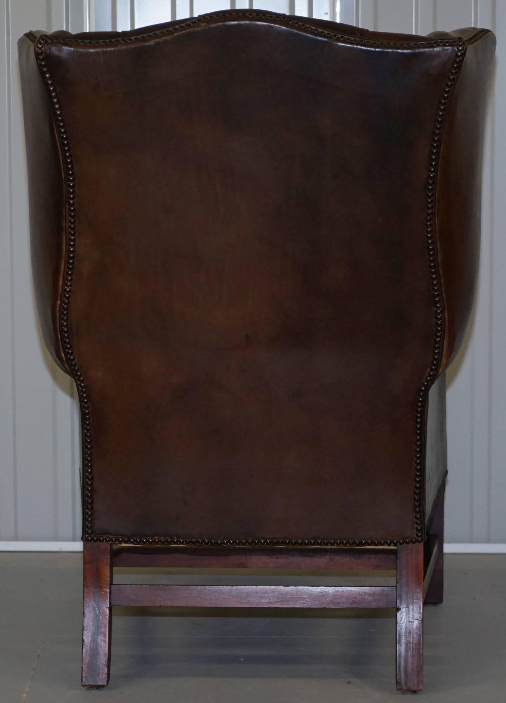 Pair of Hand Dyed Vintage Brown Leather Chesterfield Wingback Club Armchairs 4