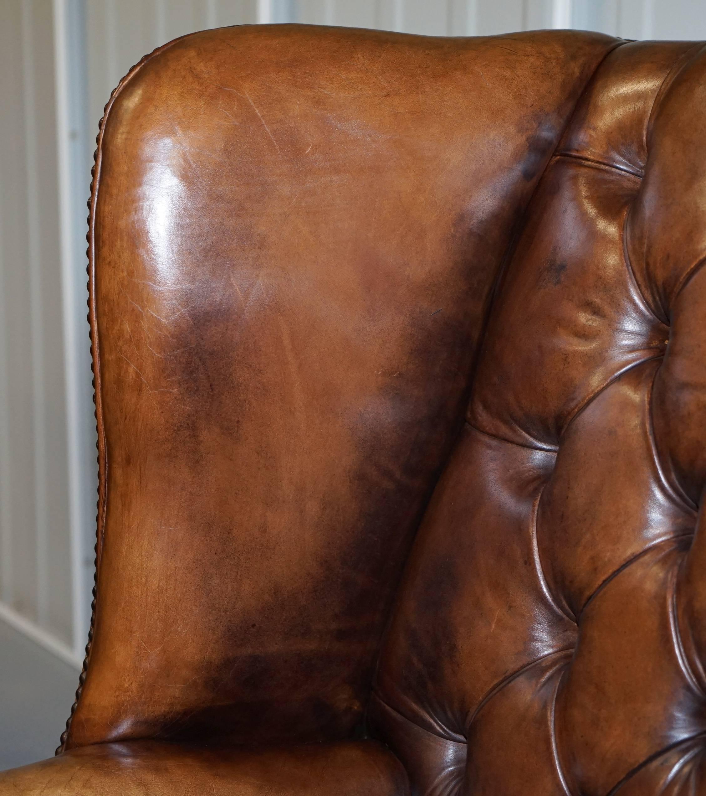 Pair of Hand Dyed Vintage Brown Leather Chesterfield Wingback Club Armchairs 2