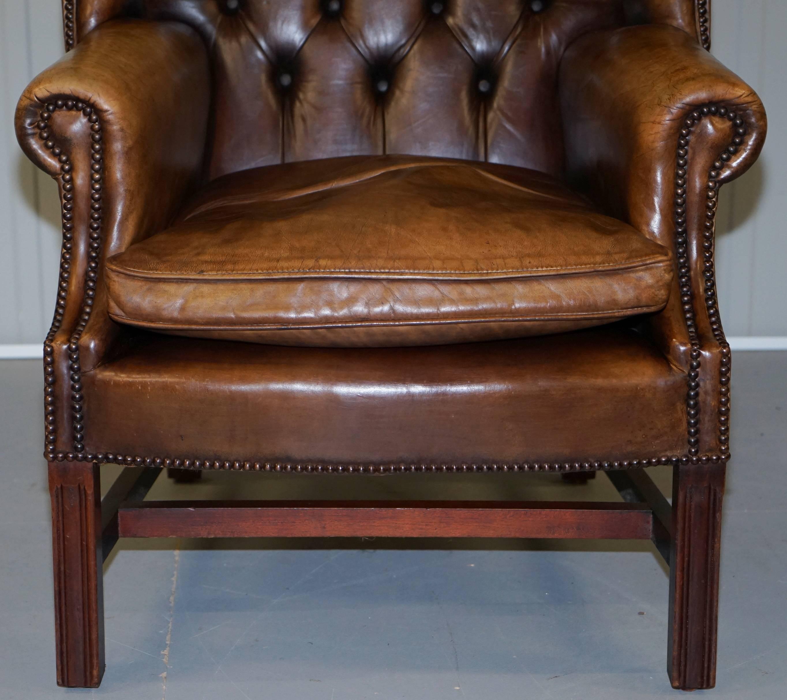 Pair of Hand Dyed Vintage Brown Leather Chesterfield Wingback Club Armchairs 1