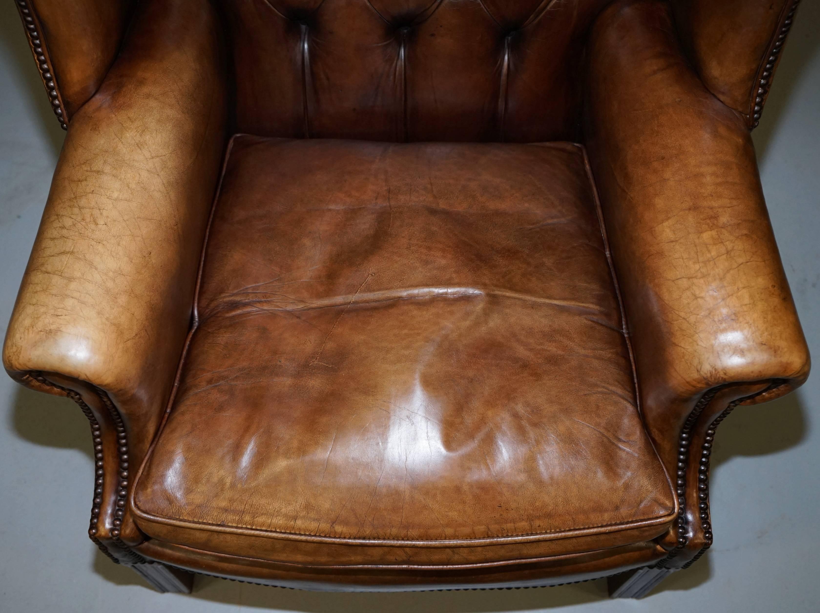 20th Century Pair of Hand Dyed Vintage Brown Leather Chesterfield Wingback Club Armchairs