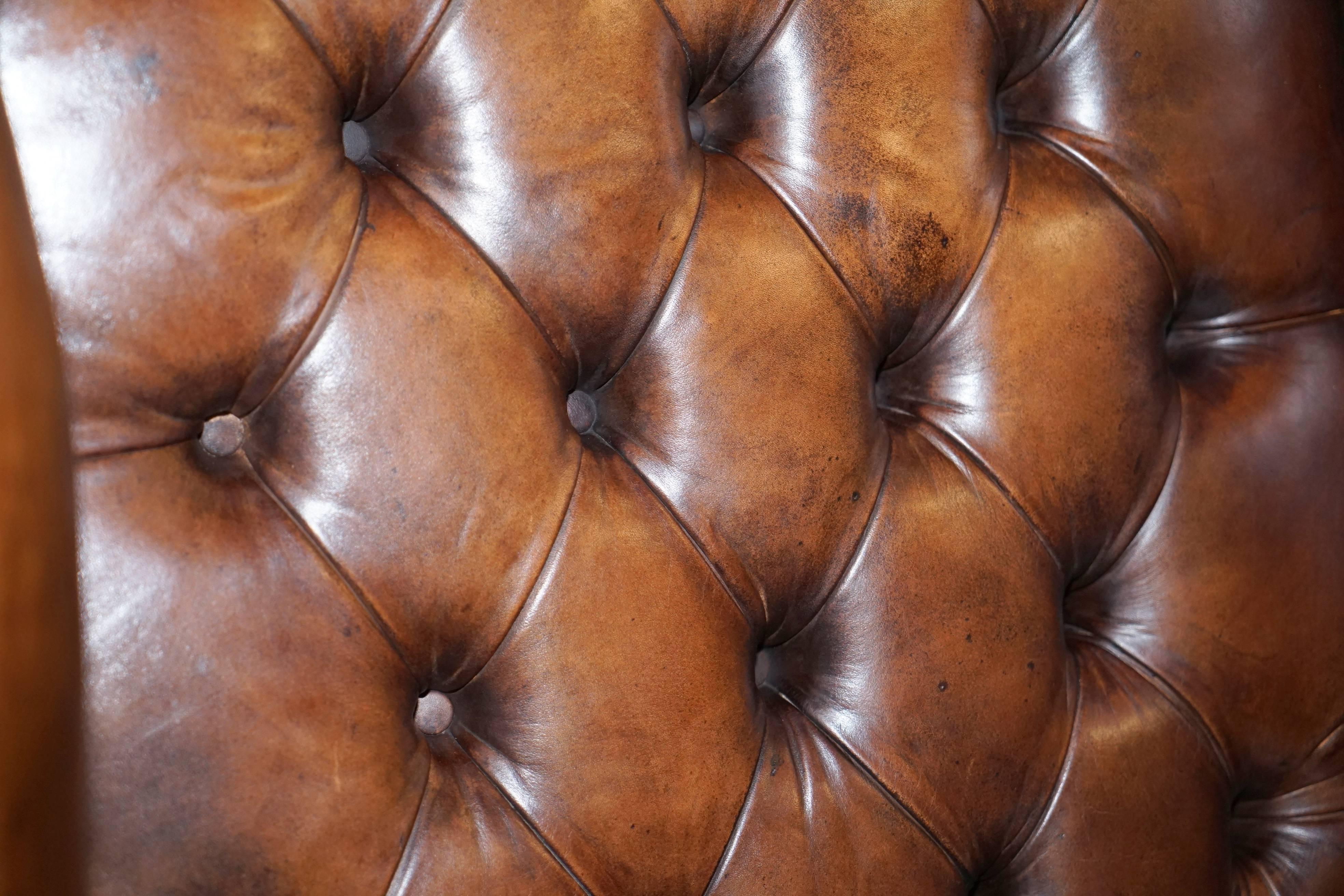 Hand-Carved Pair of Hand Dyed Vintage Brown Leather Chesterfield Wingback Club Armchairs