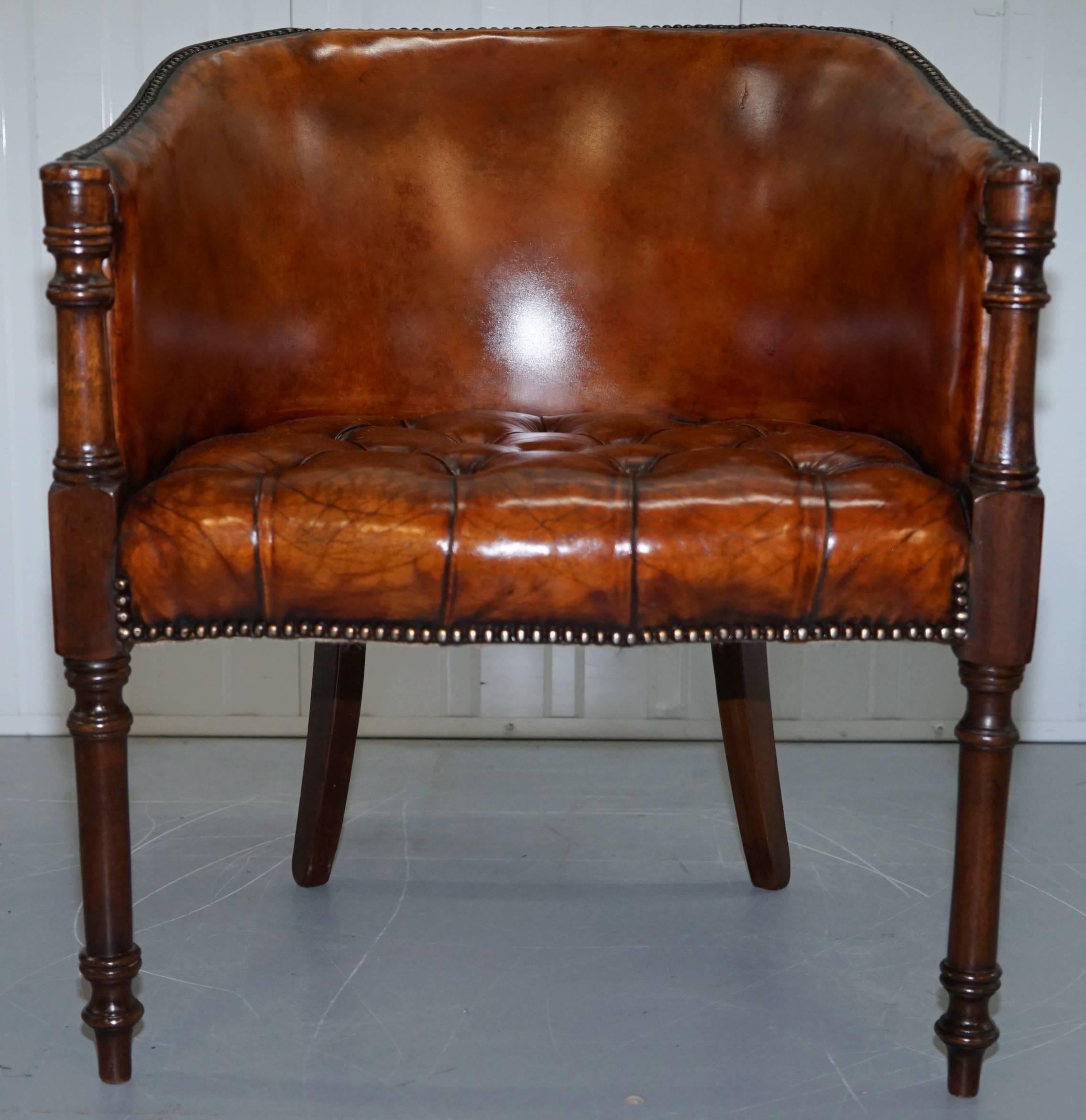 Leather Pair of Regency Style Restored Hand dyed Chesterfield Tub Armchairs, circa 1910