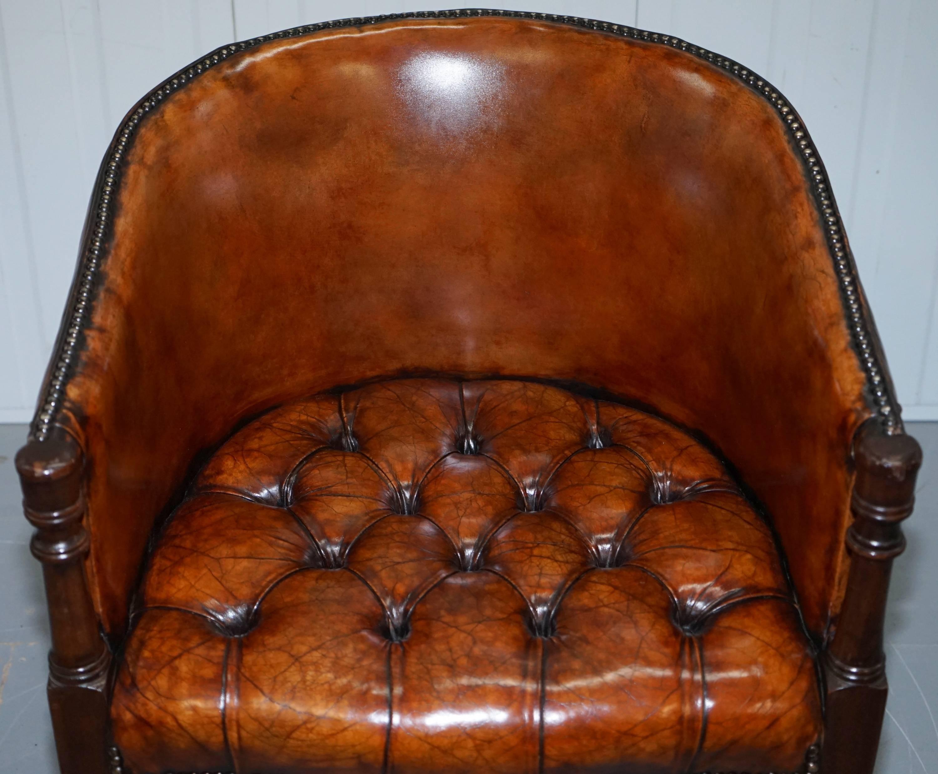 Hand-Carved Pair of Regency Style Restored Hand dyed Chesterfield Tub Armchairs, circa 1910