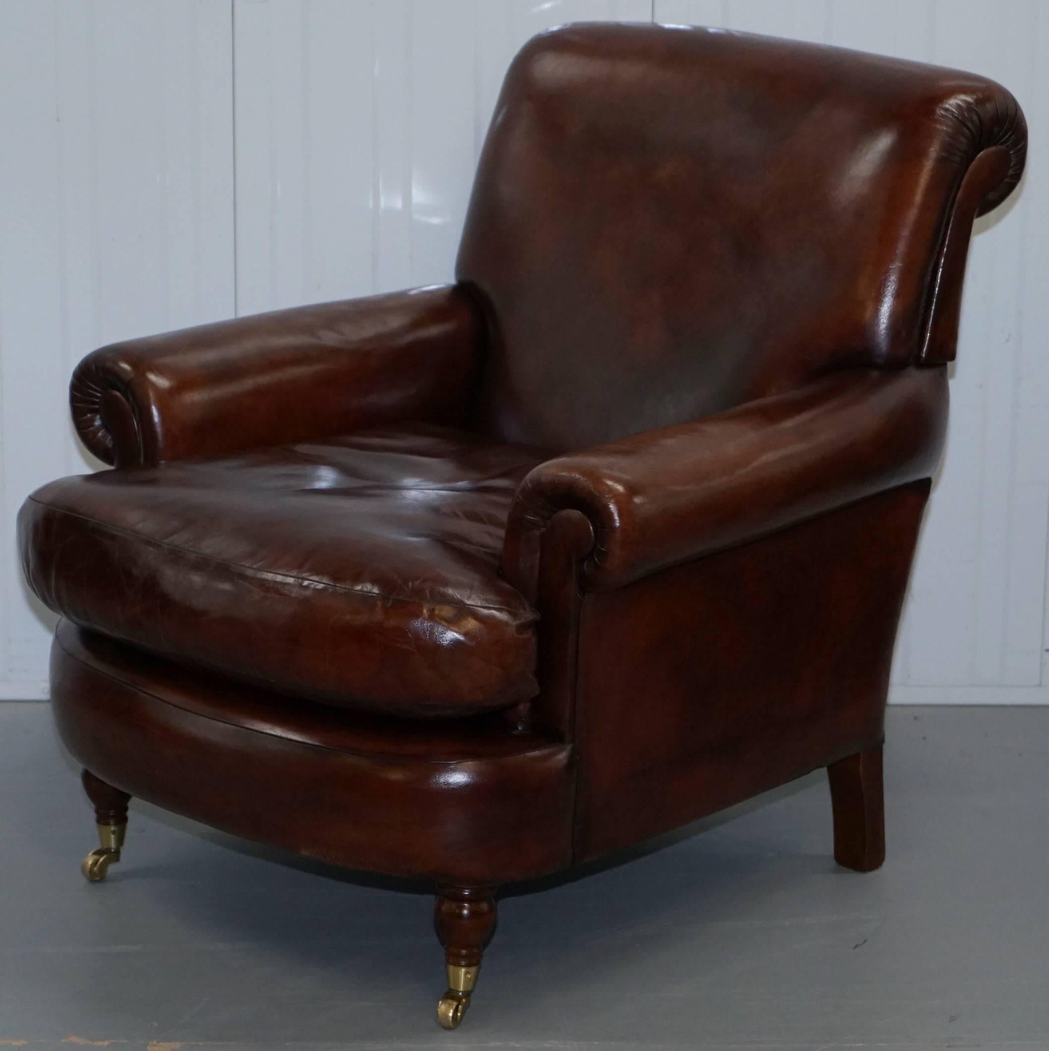 We are delighted to offer for sale this lovely fully restored aged brown vintage leather club armchair with solid beech wood stained legs and brass castors

This chair has been fully restored to include having the old colour stripped out, its then