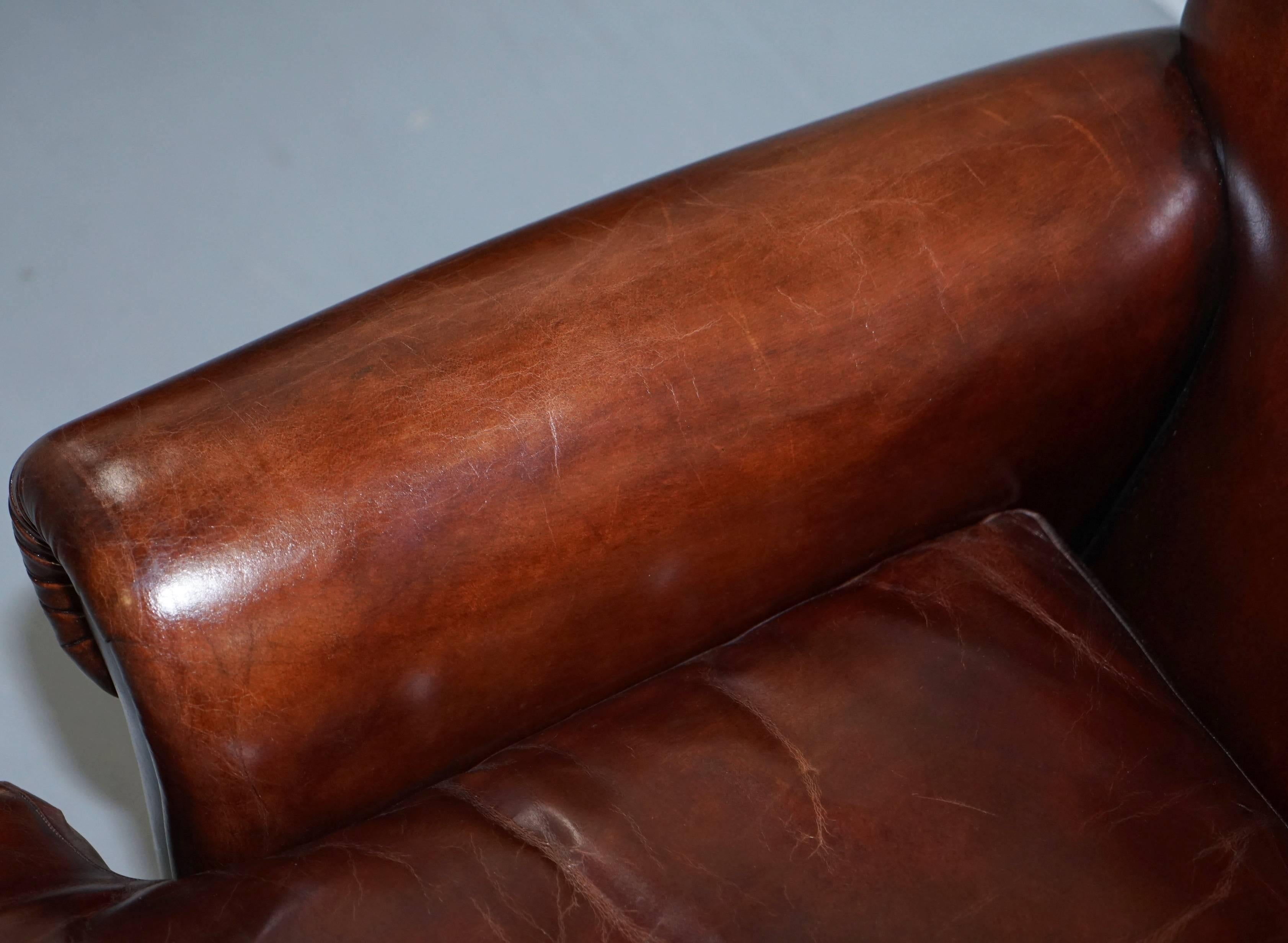 Hand-Carved Fully Restored Vintage Whiskey Brown Leather Gentleman's Club Armchair