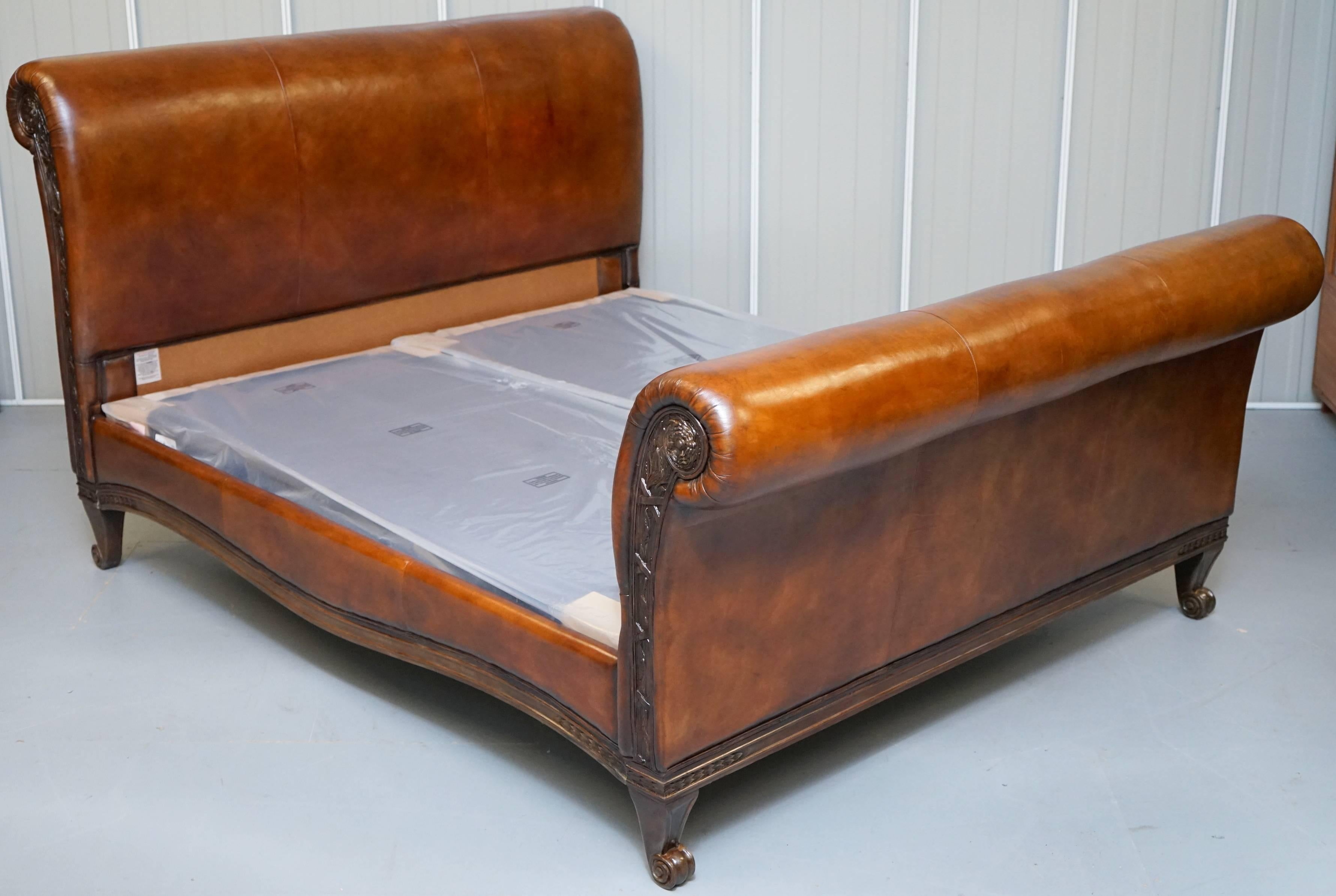 We are delighted to offer for sale this new And So To Bed Bonaparte sleigh brown leather super king-size bed

This bed was custom-made to order for an exhibition, it was ordered with a plain upholstered leather head and base board as apposed to