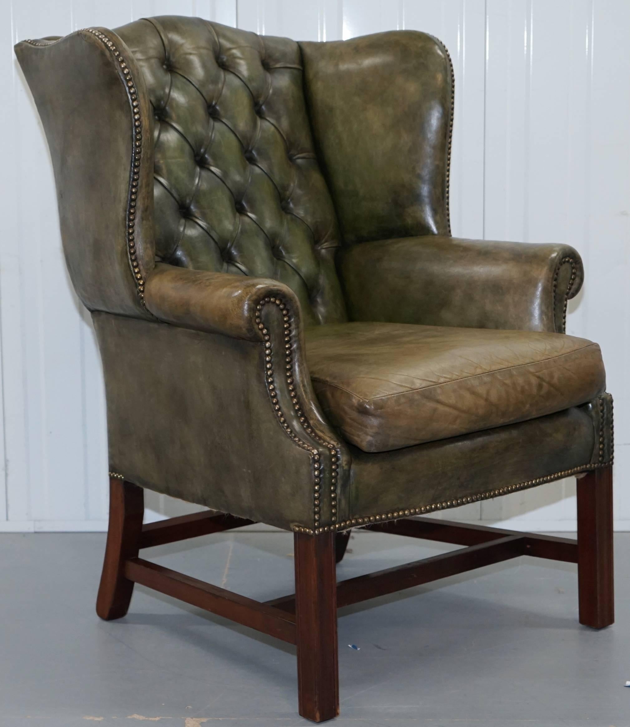Mid-20th Century Pair of Original 1960s Chesterfield Hand Dyed Green Leather Wingback Armchairs