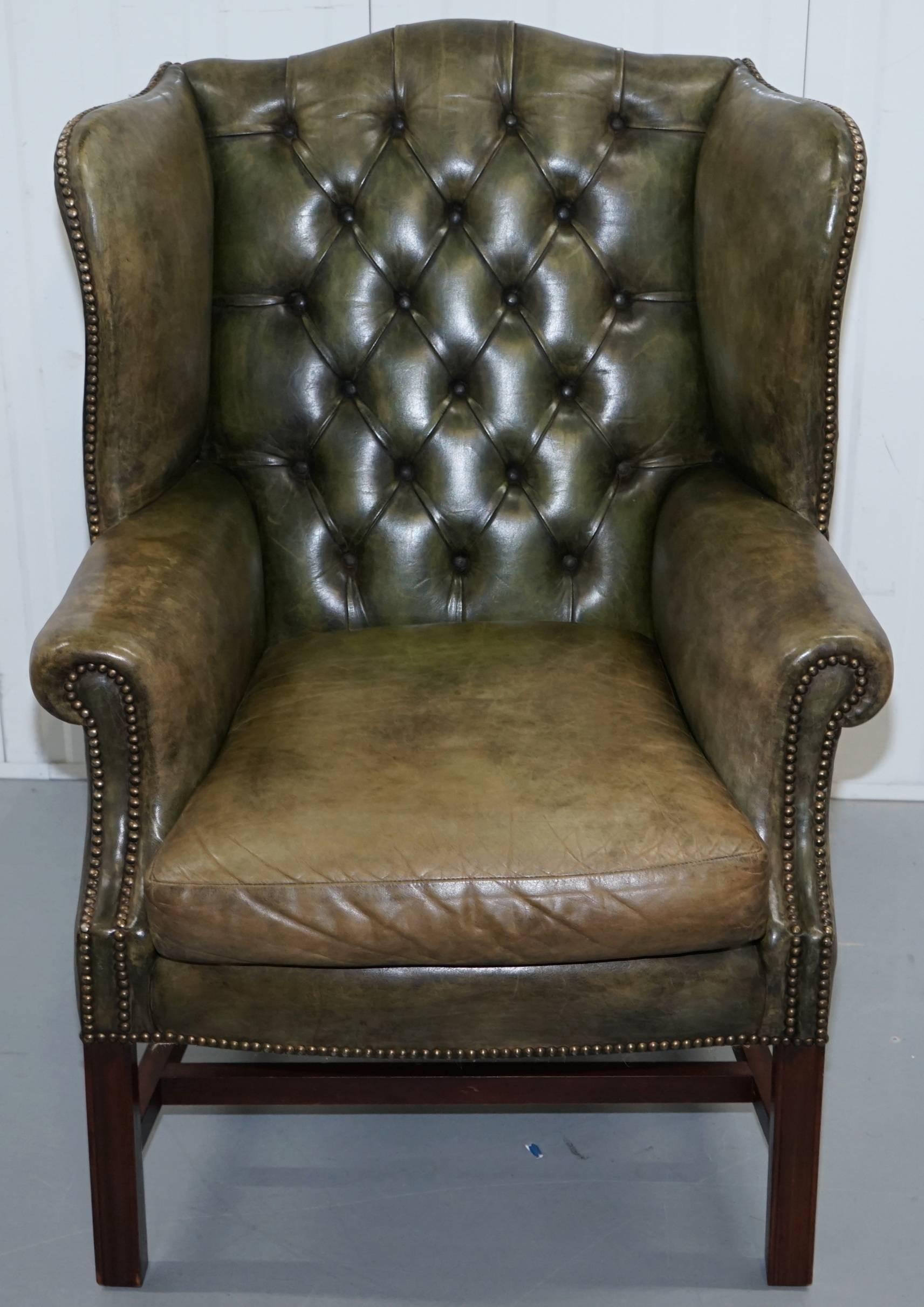 Pair of Original 1960s Chesterfield Hand Dyed Green Leather Wingback Armchairs 1