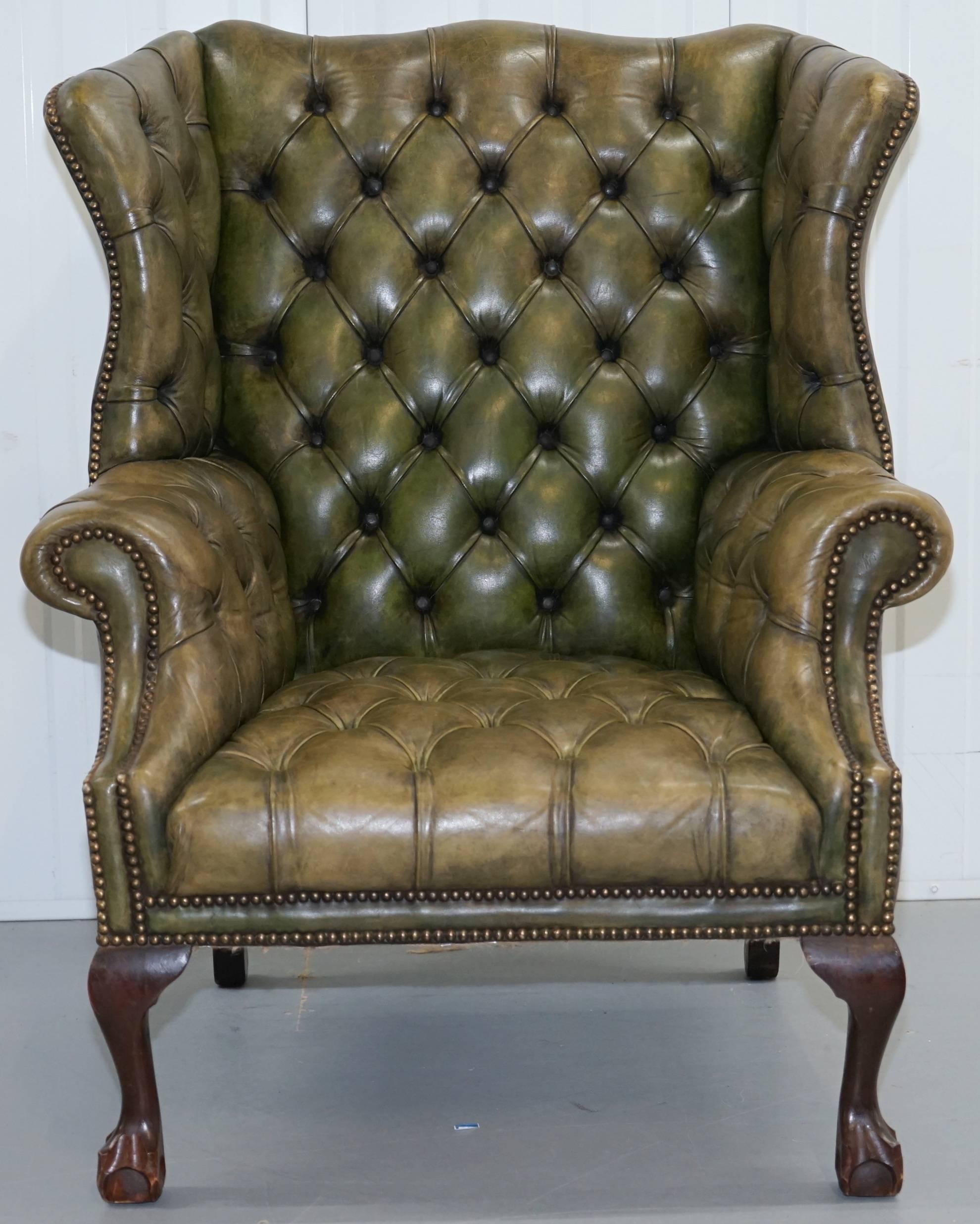 Chippendale Pair of Original 1960s Chesterfield Hand Dyed Green Leather Wingback Armchairs