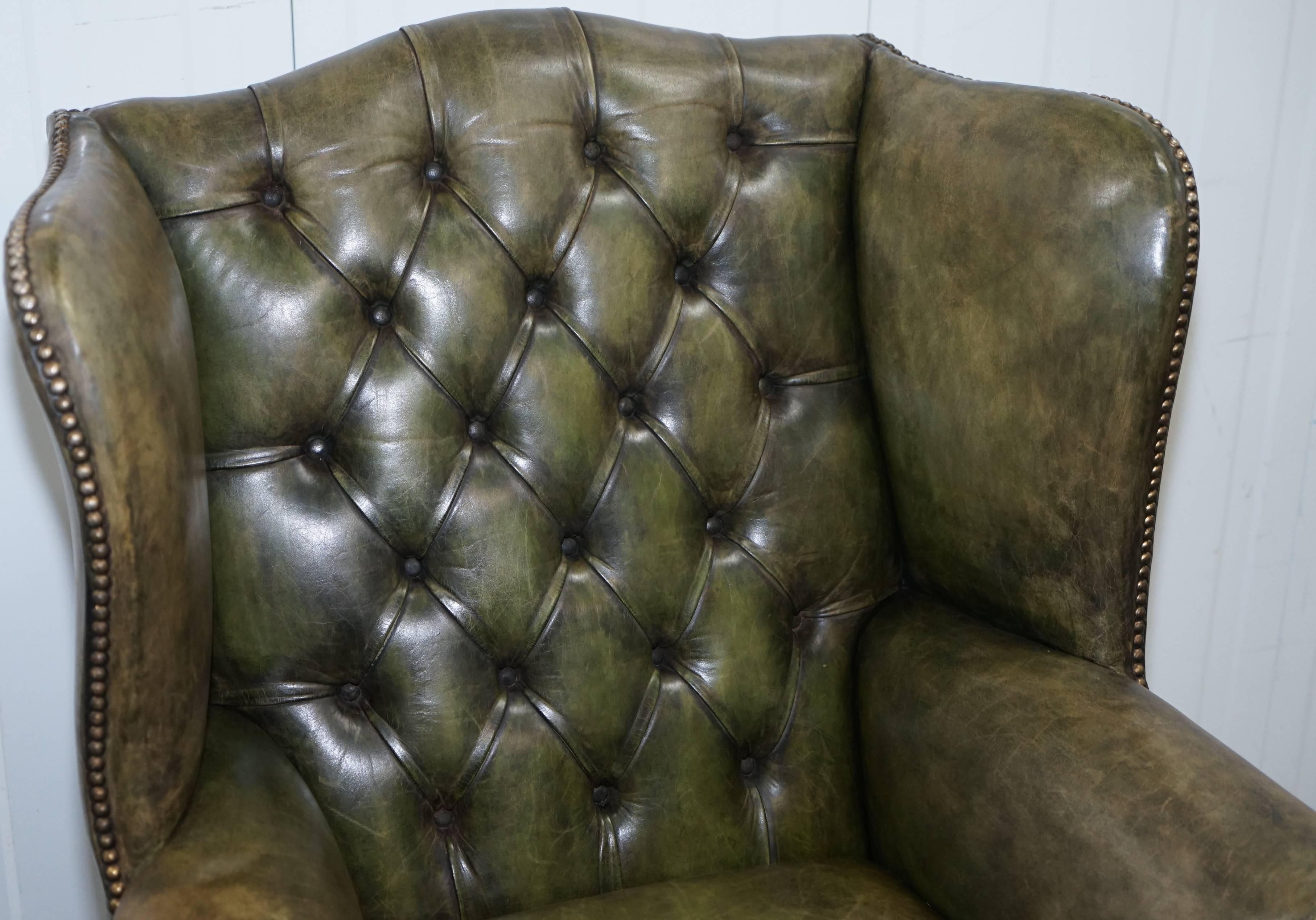 Pair of Original 1960s Chesterfield Hand Dyed Green Leather Wingback Armchairs 2