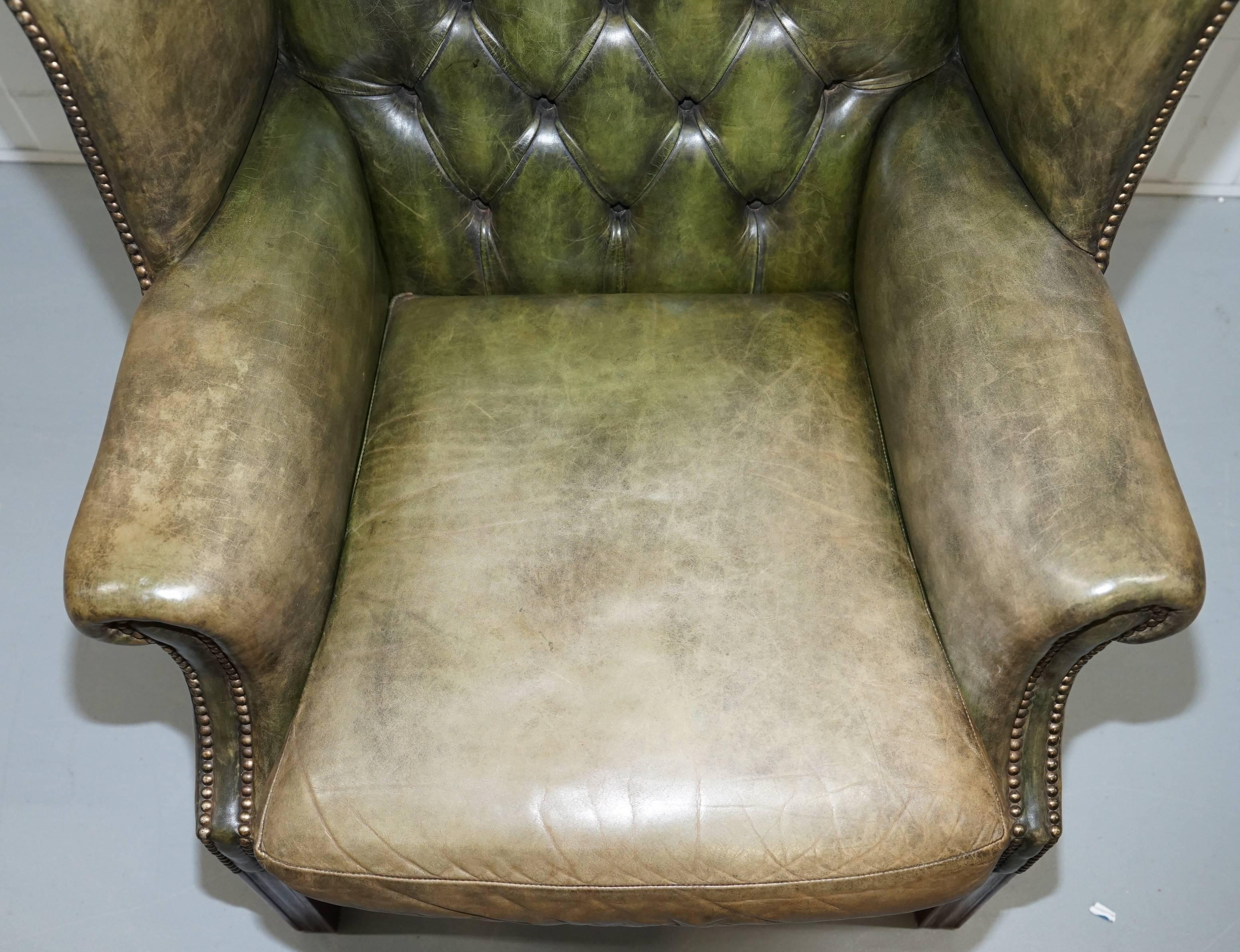 Pair of Original 1960s Chesterfield Hand Dyed Green Leather Wingback Armchairs 3