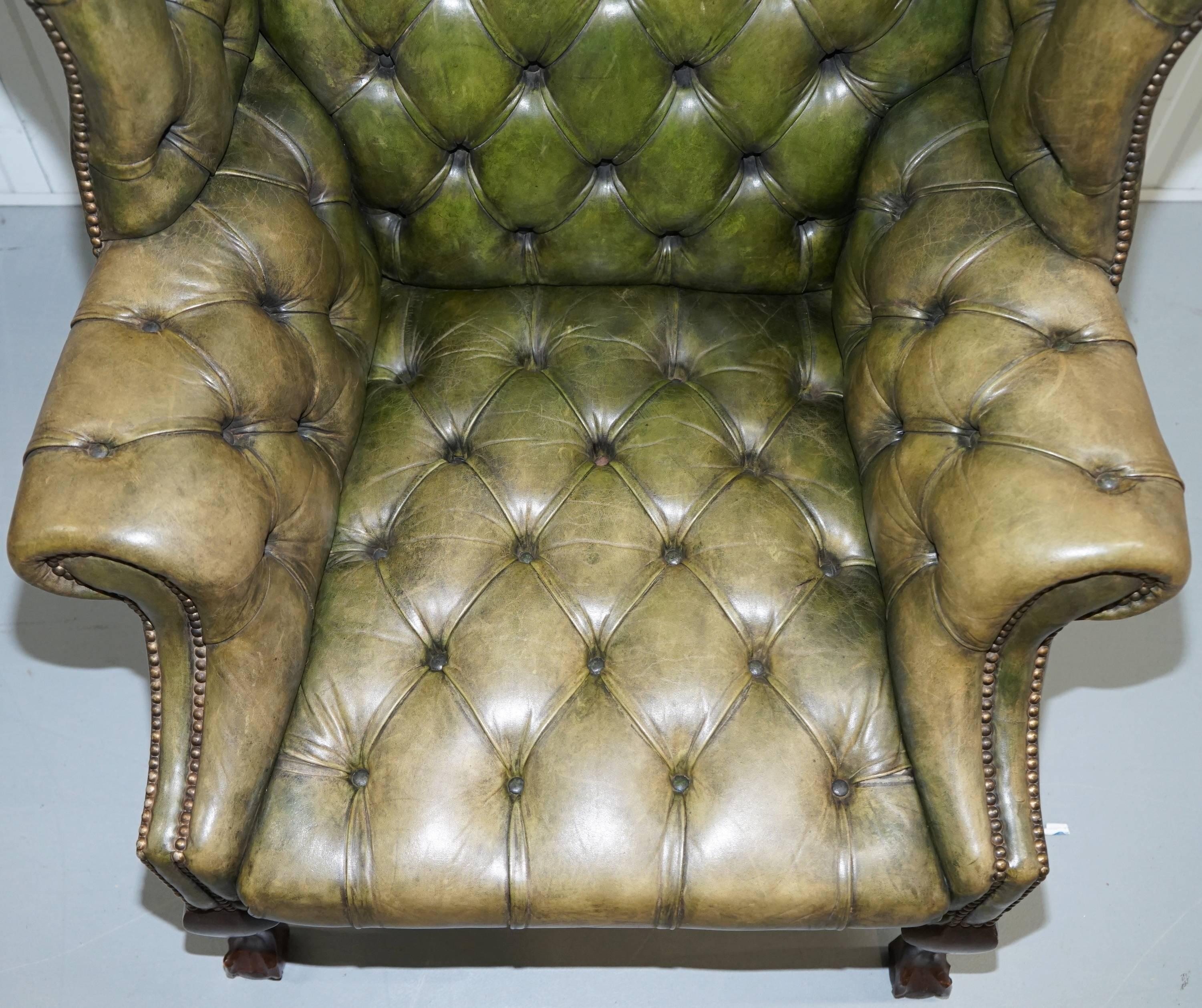 Hand-Carved Pair of Original 1960s Chesterfield Hand Dyed Green Leather Wingback Armchairs