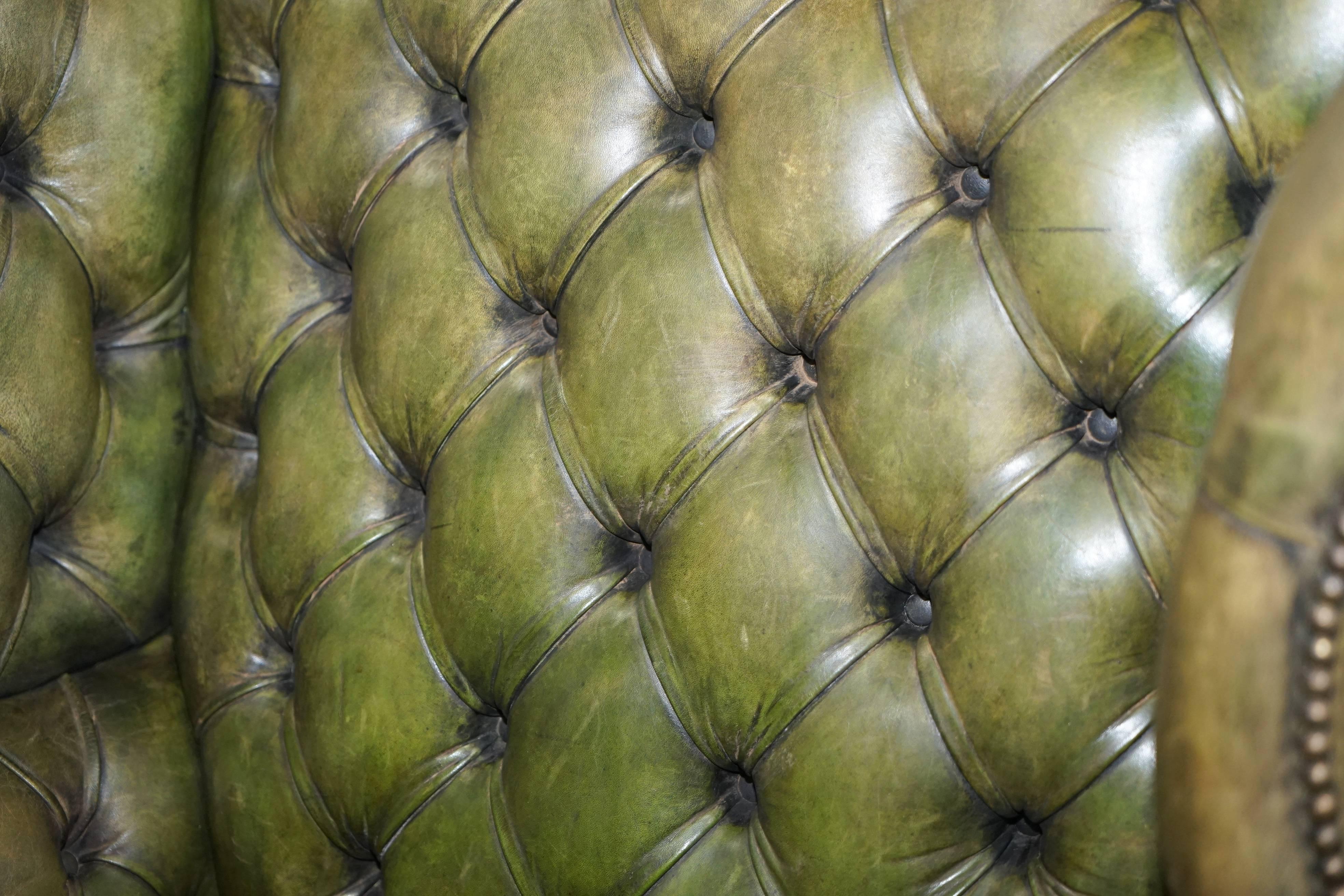 Pair of Original 1960s Chesterfield Hand Dyed Green Leather Wingback Armchairs 4
