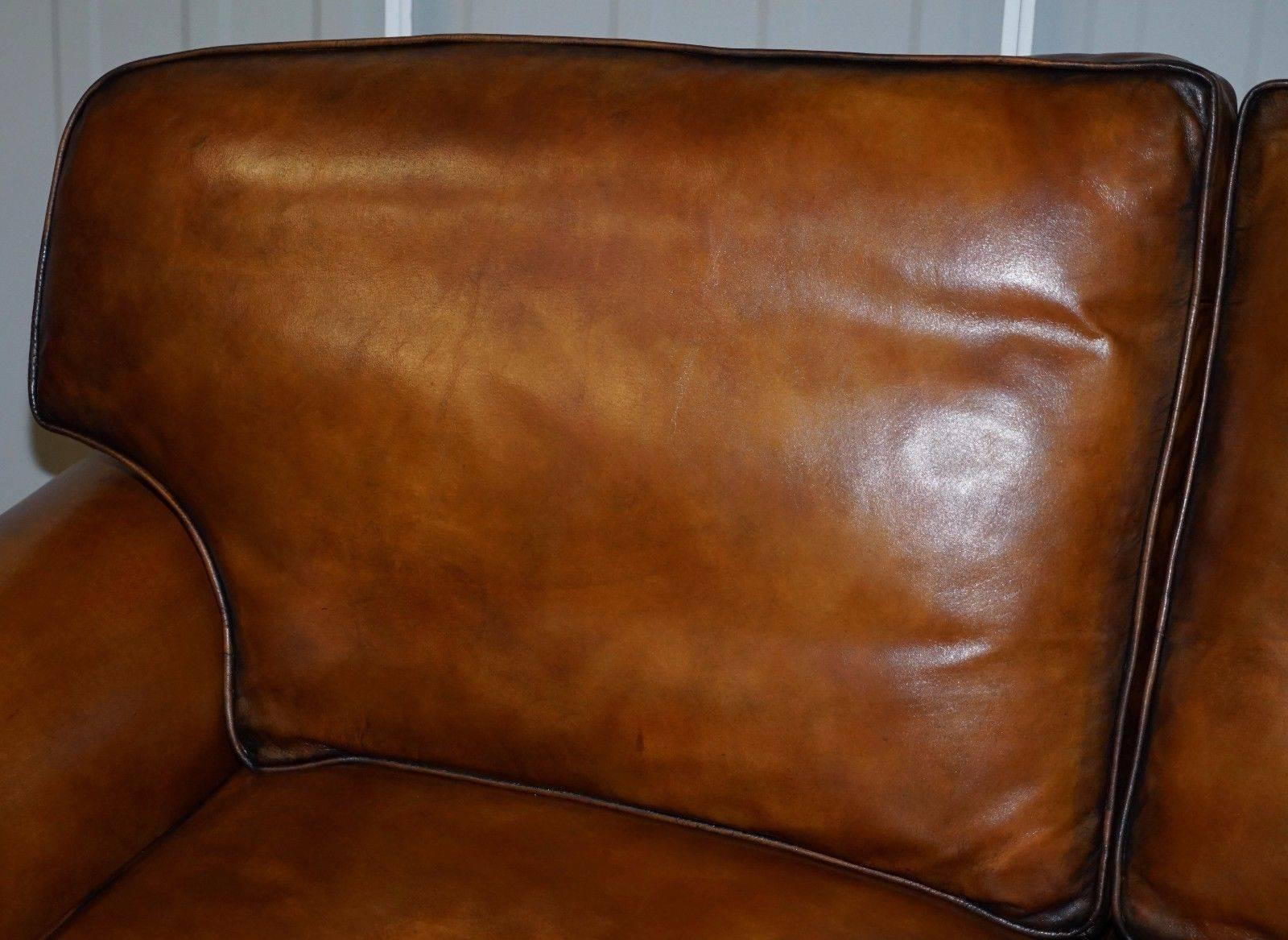 Central American Pair of Brand New Ralph Lauren Jamacia Hand Dyed Brown Leather Four-Seat Sofas