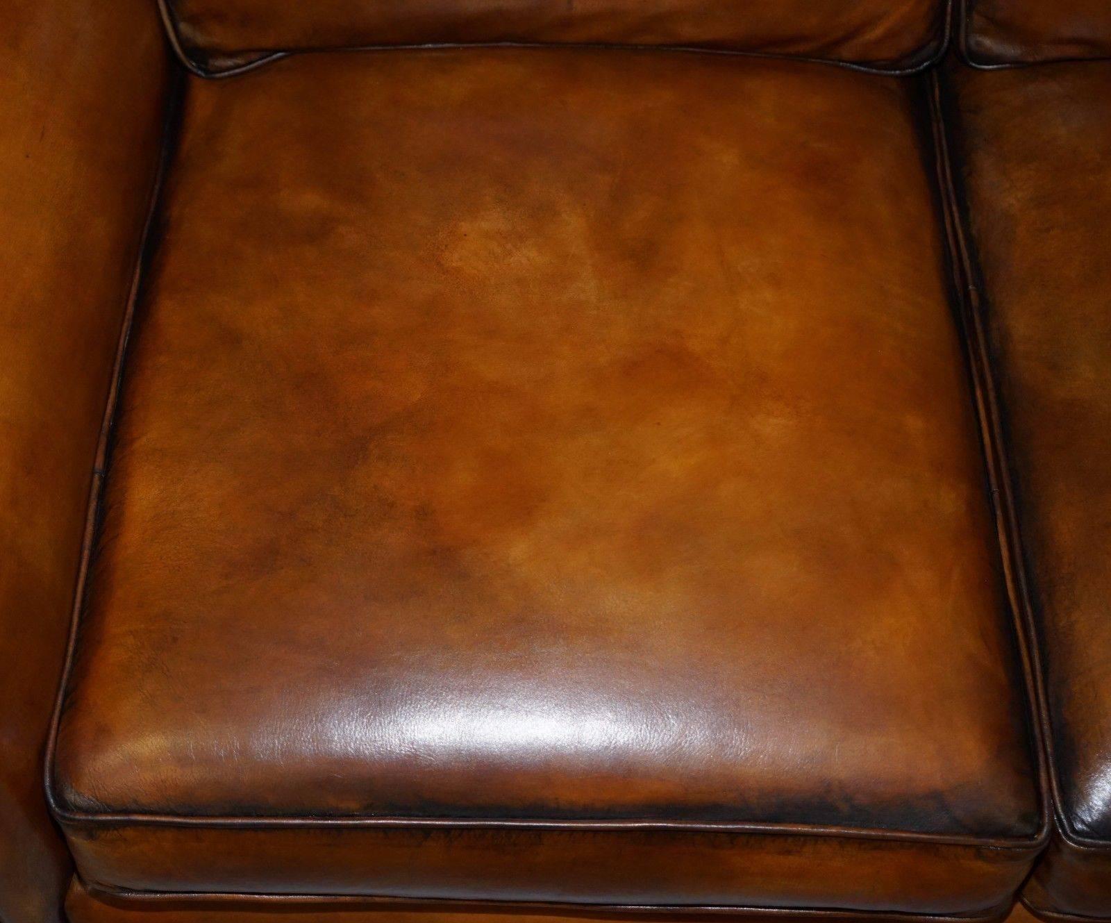 Hand-Carved Pair of Brand New Ralph Lauren Jamacia Hand Dyed Brown Leather Four-Seat Sofas
