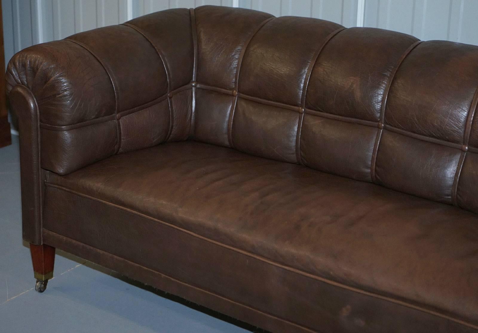 Hand-Carved Victorian circa 1860 Swedish Brown Leather Chesterfield Club Sofa Fully Sprung For Sale